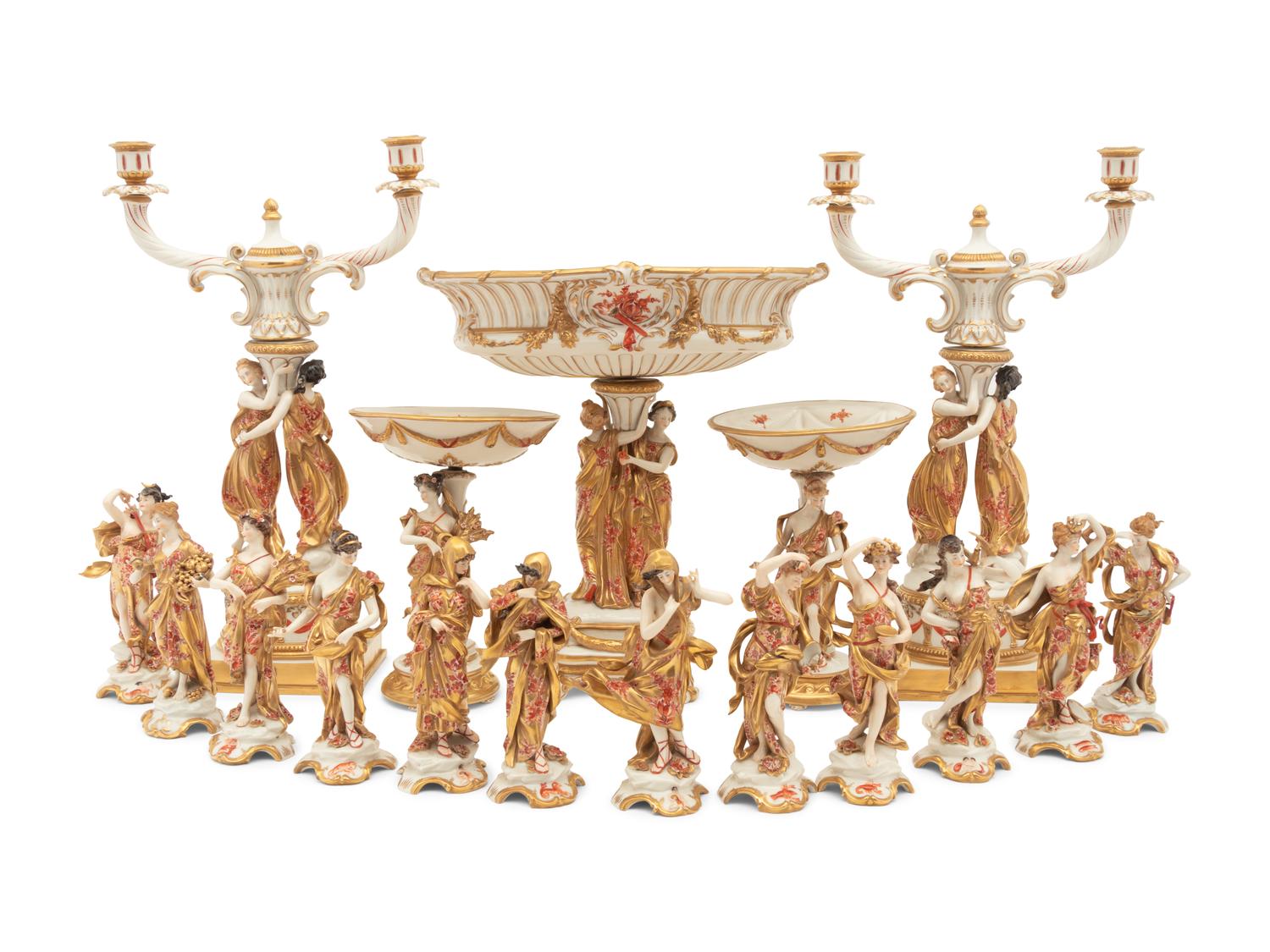 A Capodimonte Porcelain Figural Seventeen-Piece Table Garniture