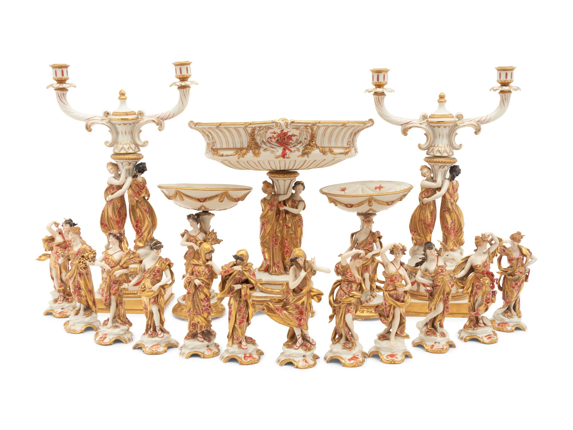 A Capodimonte Porcelain Figural Seventeen-Piece Table Garniture