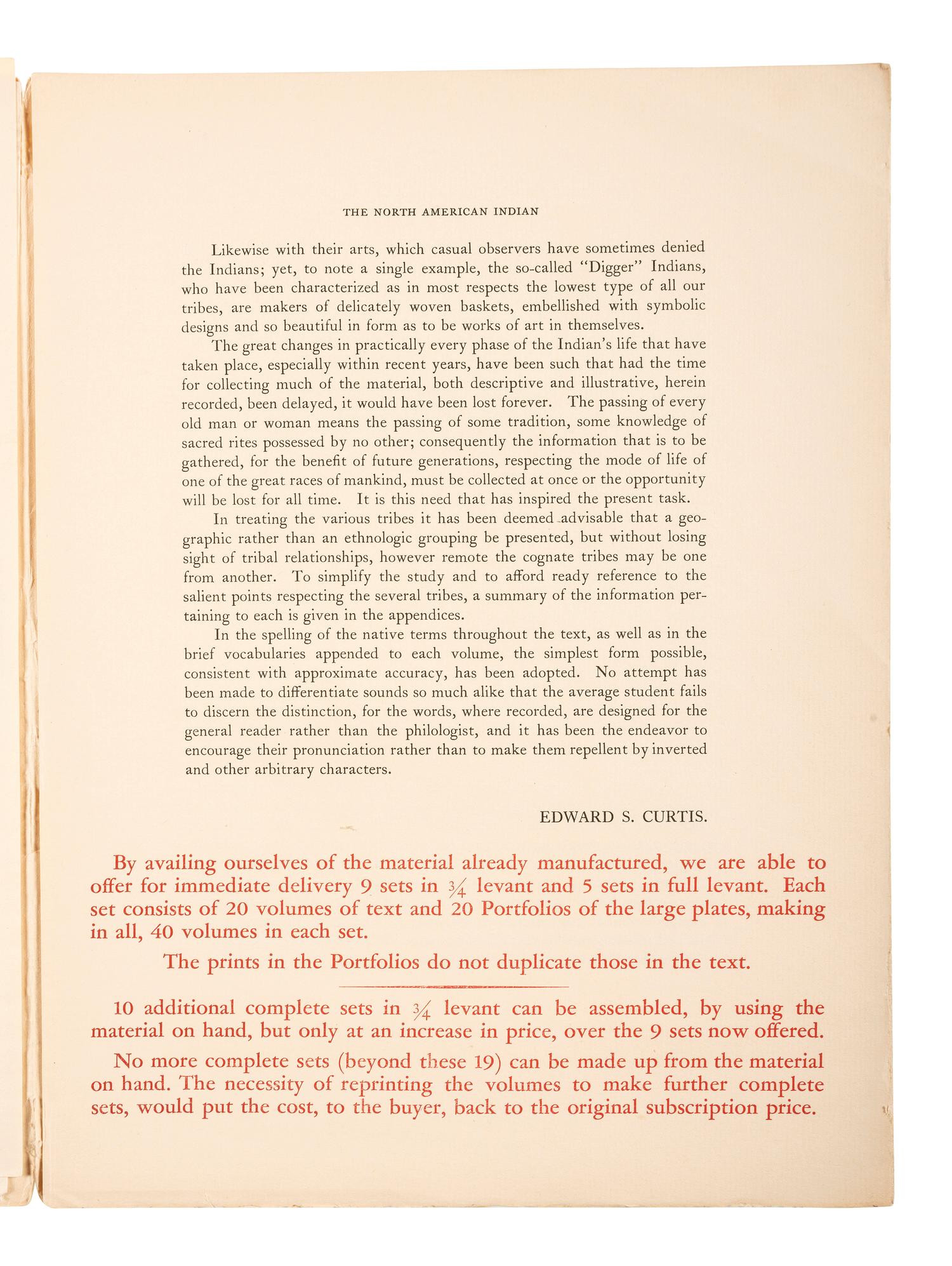 [NATIVE AMERICAN]. CURTIS, Edward (1868-1952). North American Indian Prospectus.