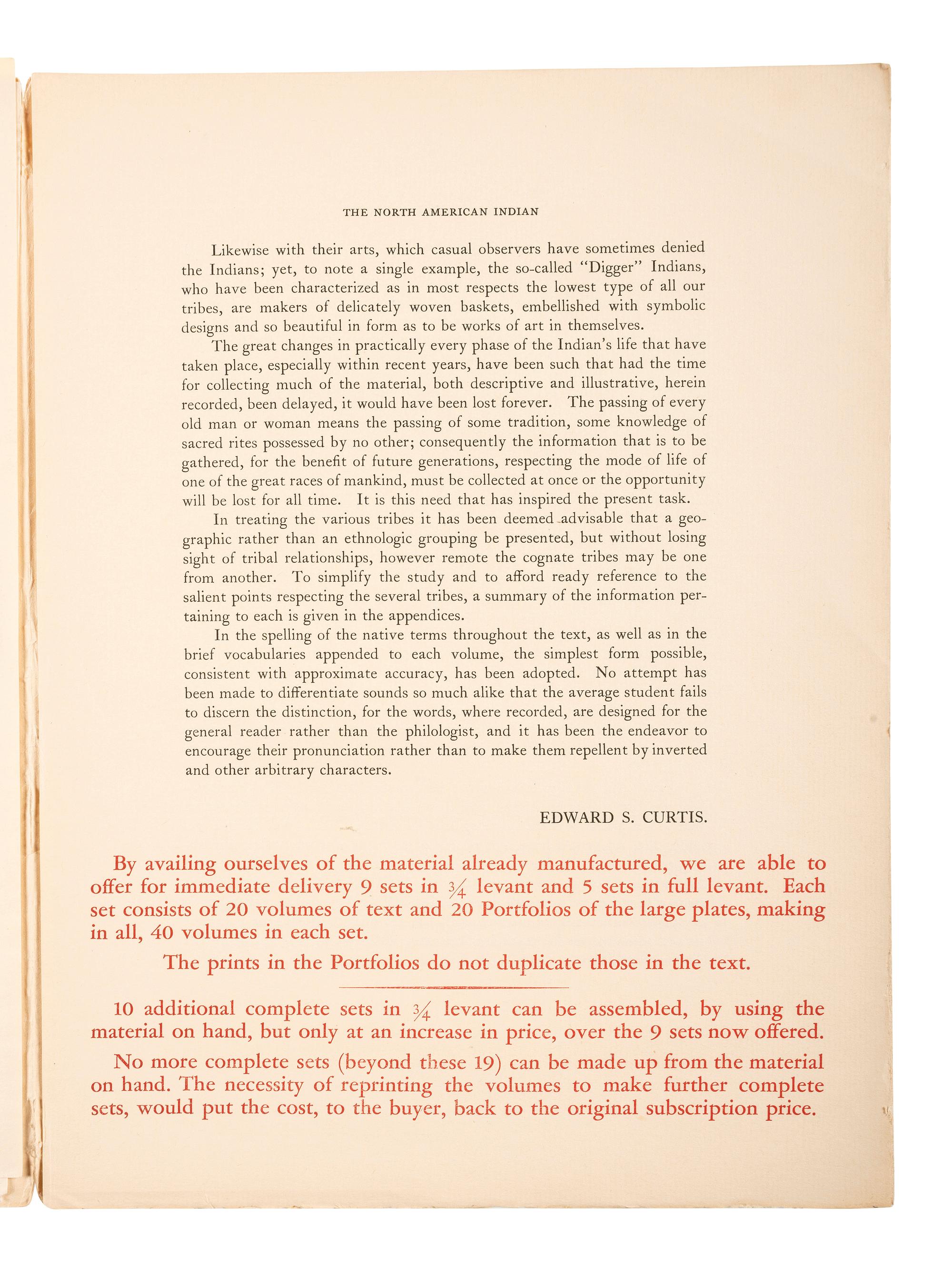 [NATIVE AMERICAN]. CURTIS, Edward (1868-1952). North American Indian Prospectus.
