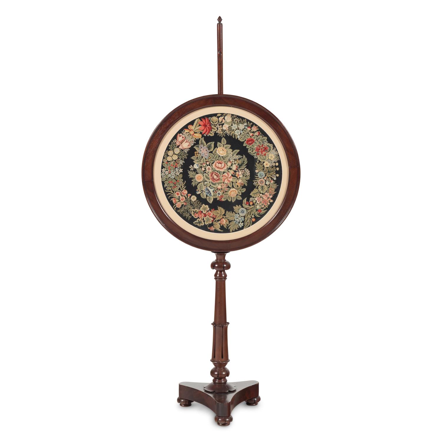 A William IV Carved Mahogany and Needlepoint Inset Circular Pole Screen