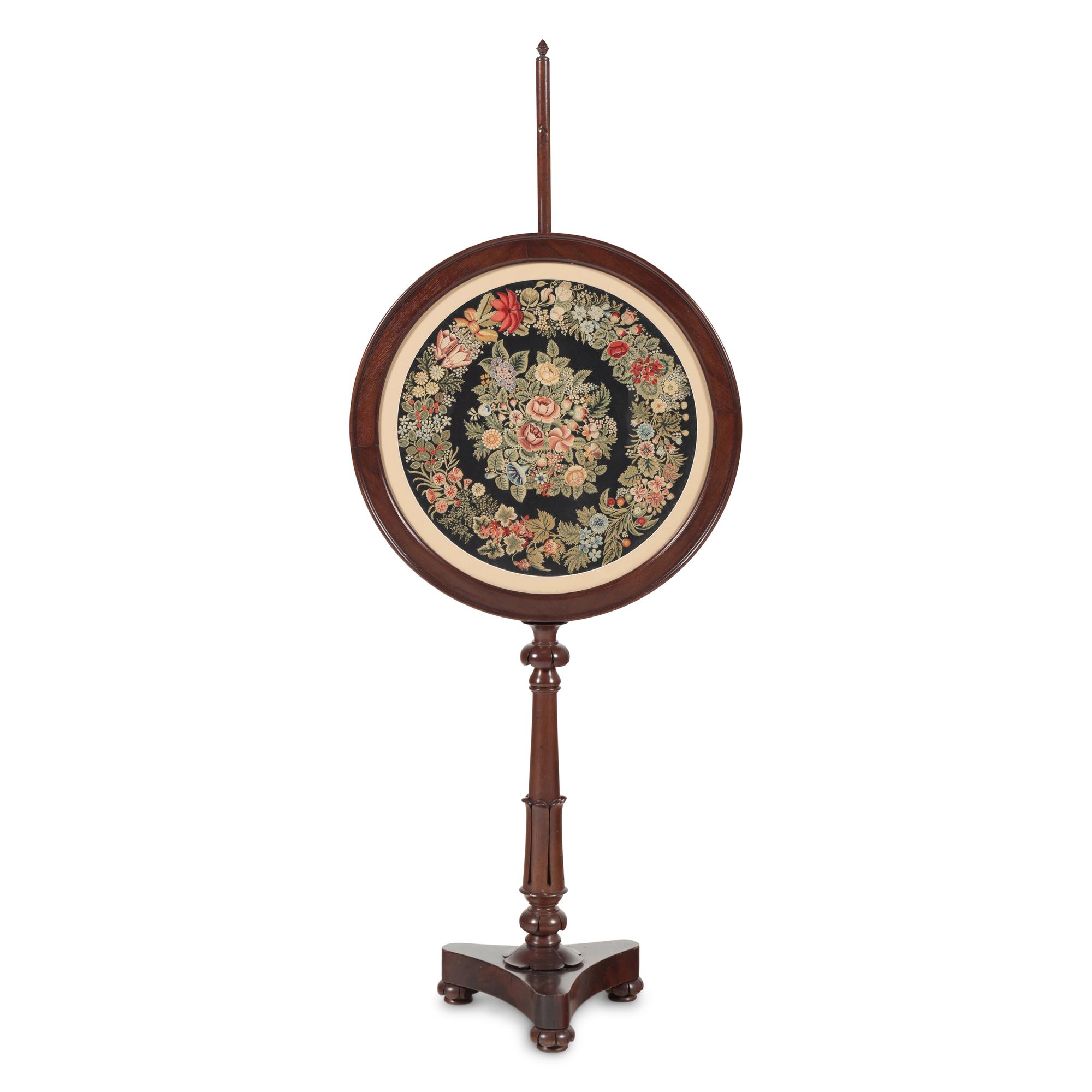 A William IV Carved Mahogany and Needlepoint Inset Circular Pole Screen