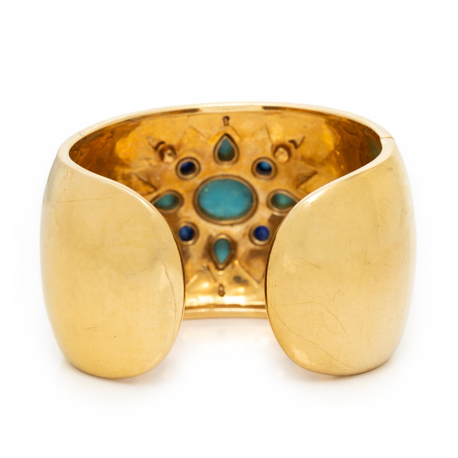 YELLOW GOLD, TURQUOISE, SAPPHIRE, DIAMOND, AND ENAMEL CUFF BRACELET