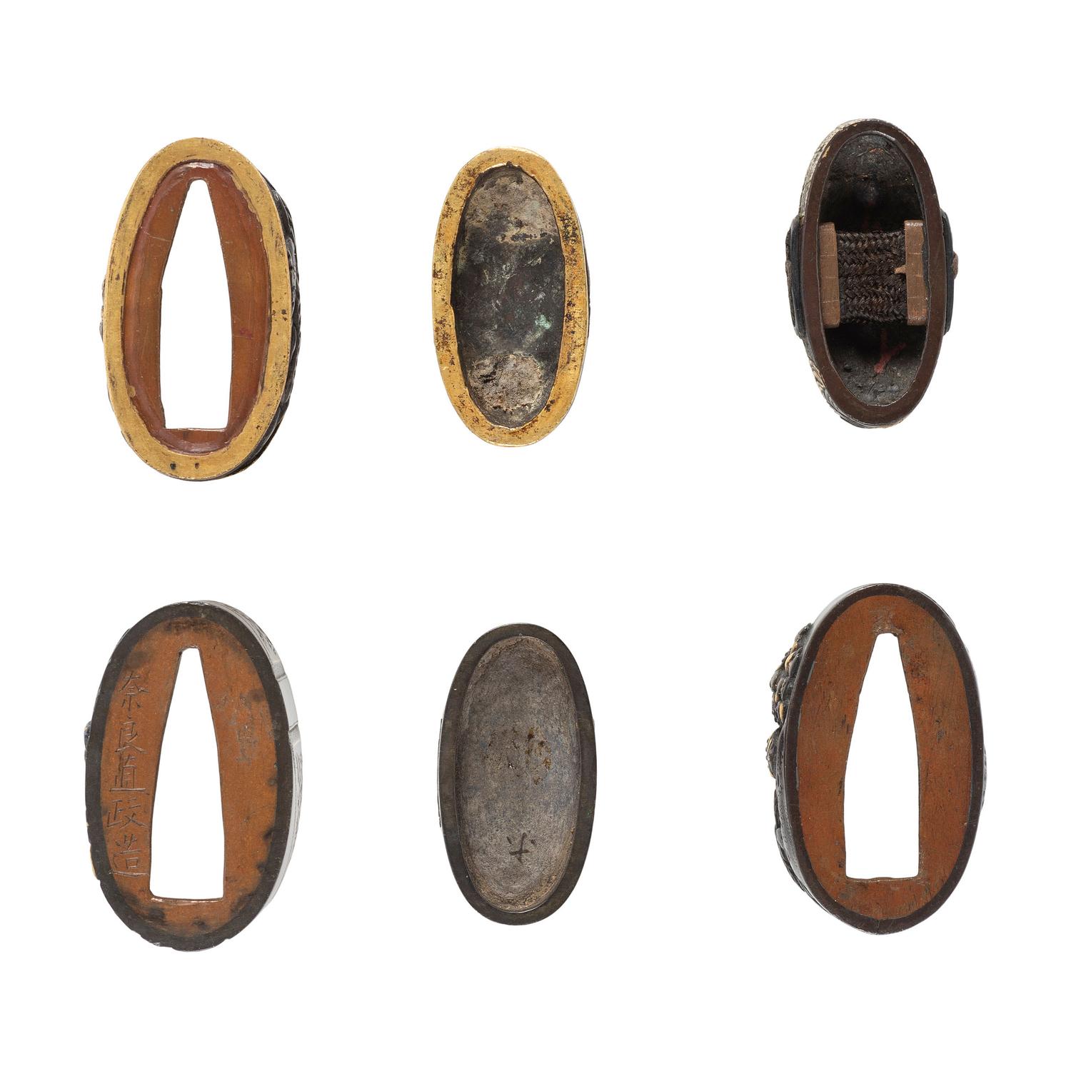 Lot of Three Fuchi and Kashira Sets with Shakudo Warrior Motifs