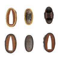Lot of Three Fuchi and Kashira Sets with Shakudo Warrior Motifs