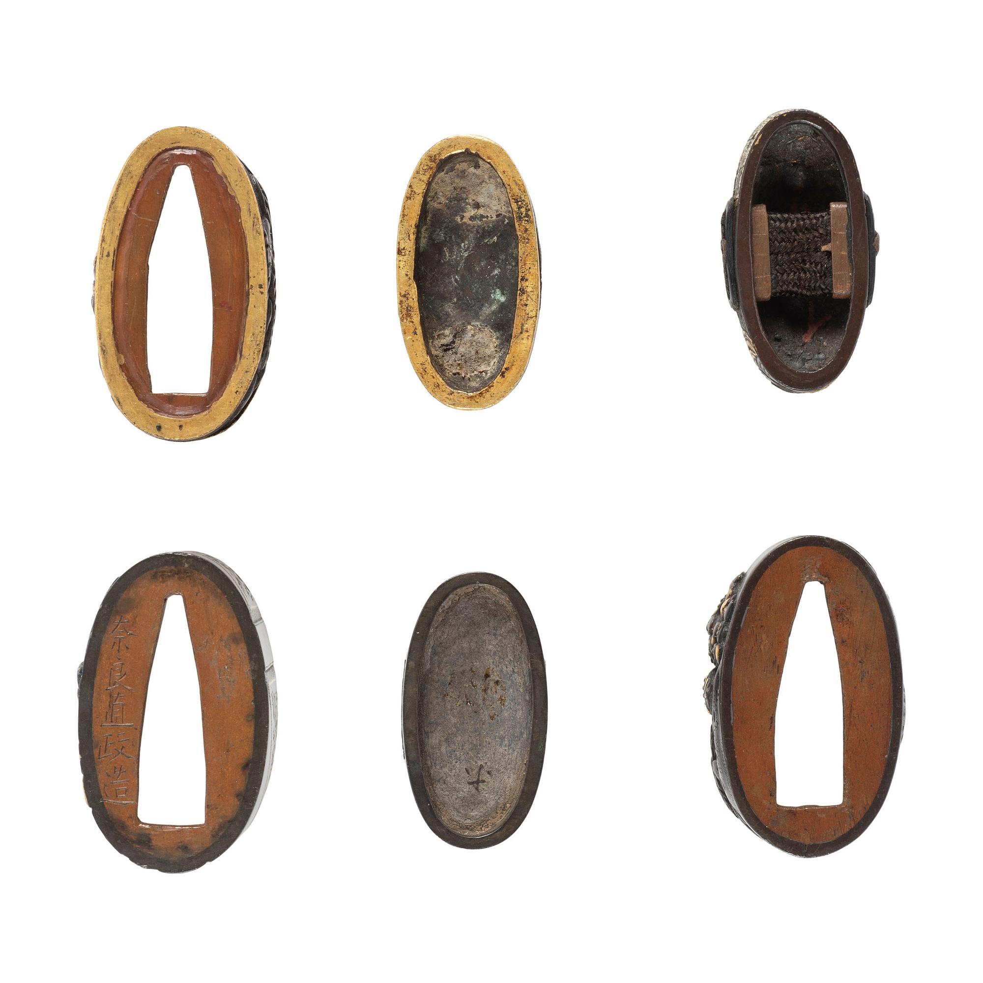 Lot of Three Fuchi and Kashira Sets with Shakudo Warrior Motifs