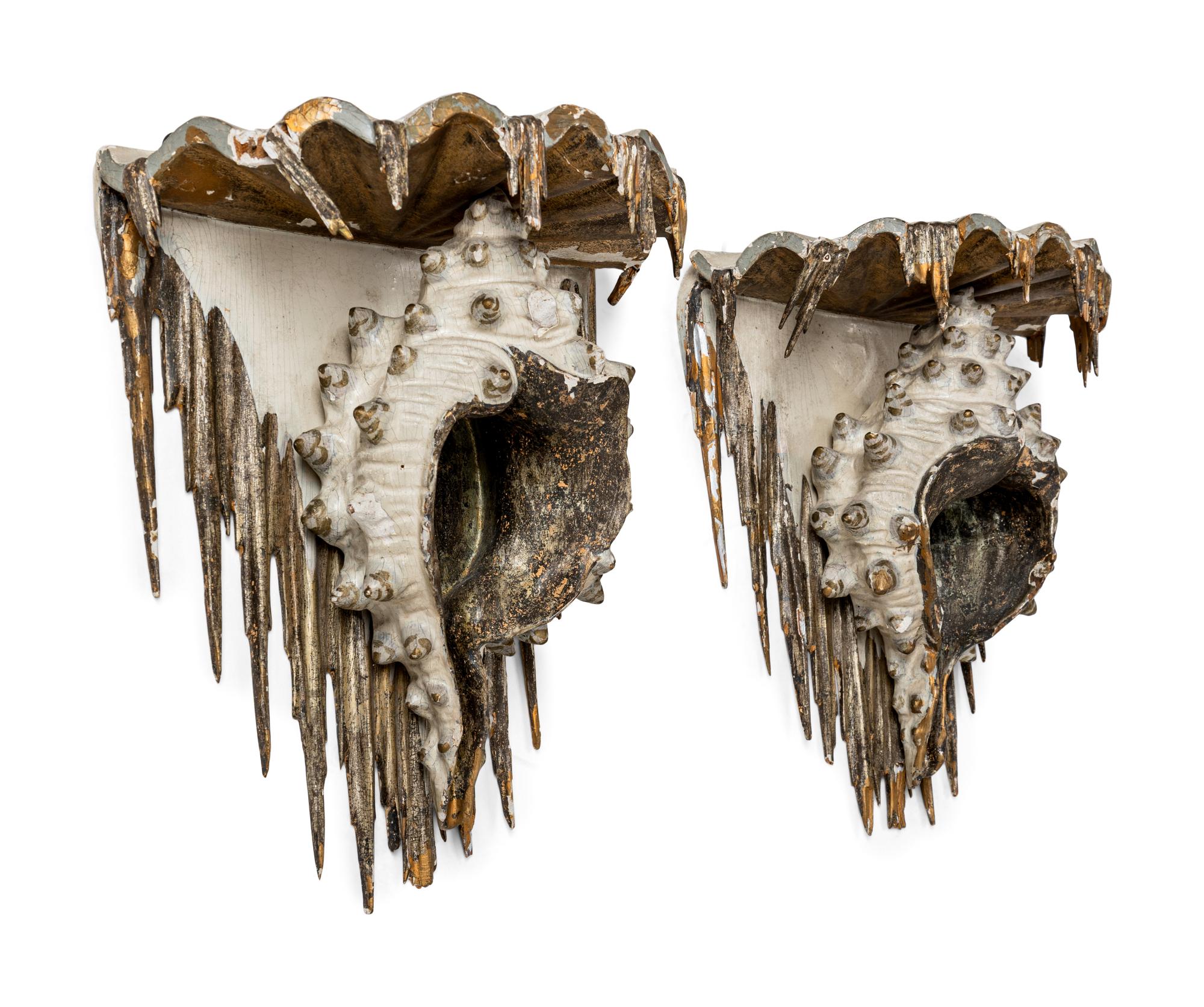 A Pair of North European Gilt and Cream-Painted Grotto Style Wall Brackets
