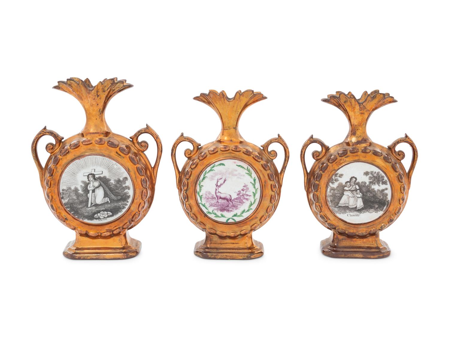 Three English Copper Lusterware Clock Vases — 19TH CENTURY