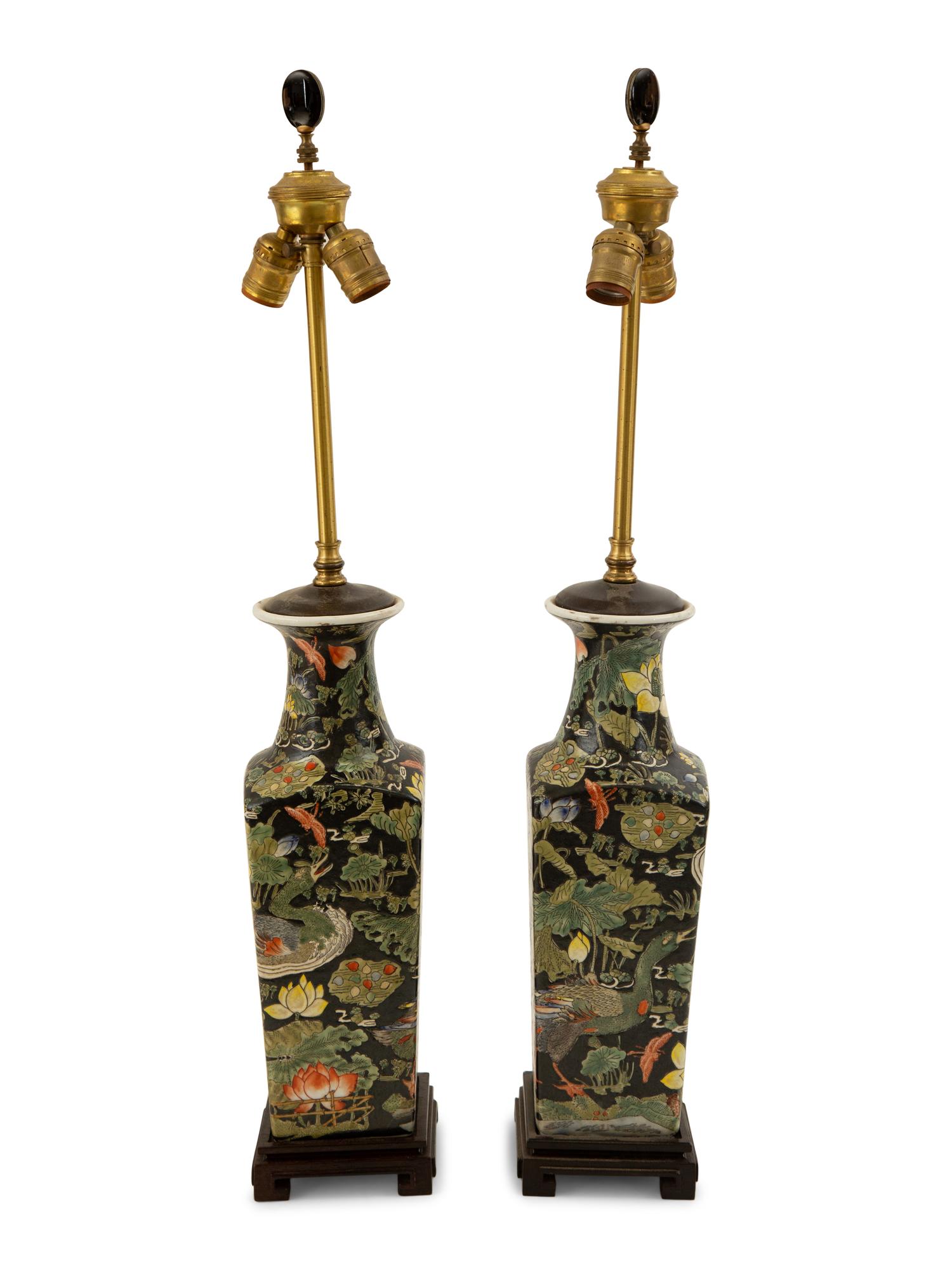 A Pair of Chinese Famille Noir Porcelain Vases Mounted as Lamps