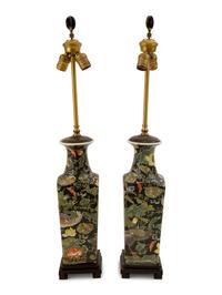 A Pair of Chinese Famille Noir Porcelain Vases Mounted as Lamps