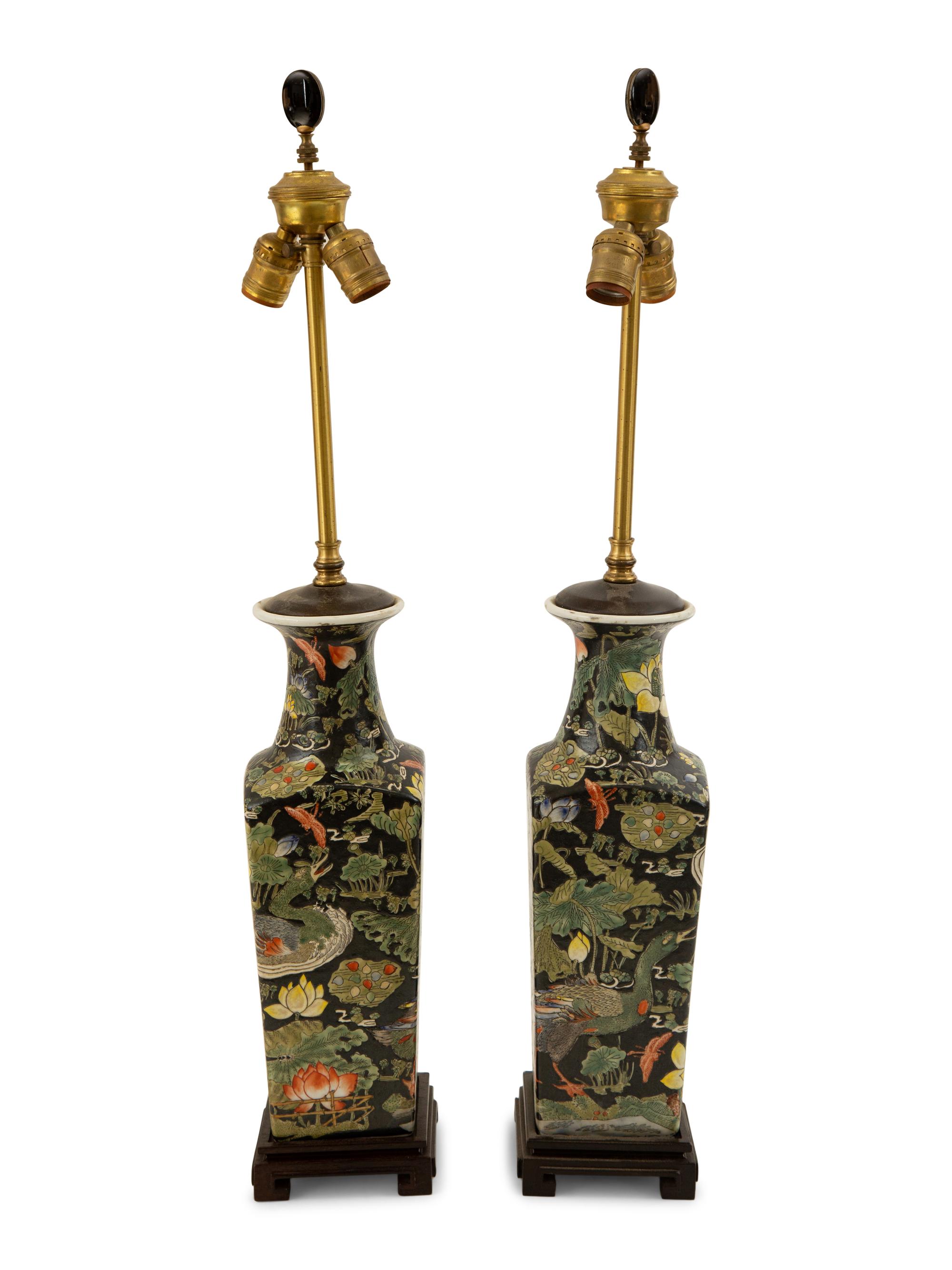 A Pair of Chinese Famille Noir Porcelain Vases Mounted as Lamps