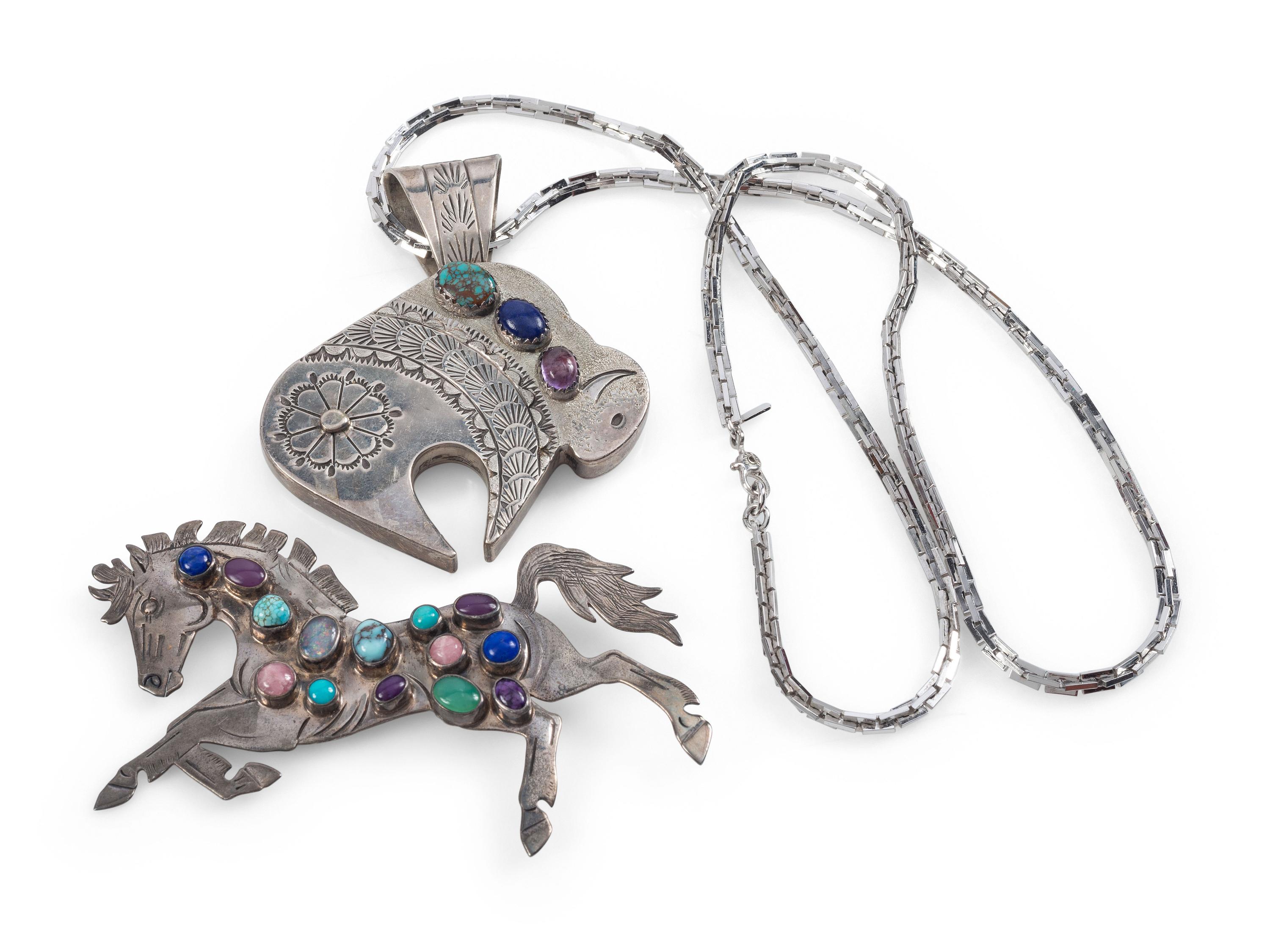 Navajo Sterling Silver Horse and Buffalo Pins / Pendants, with Inlay