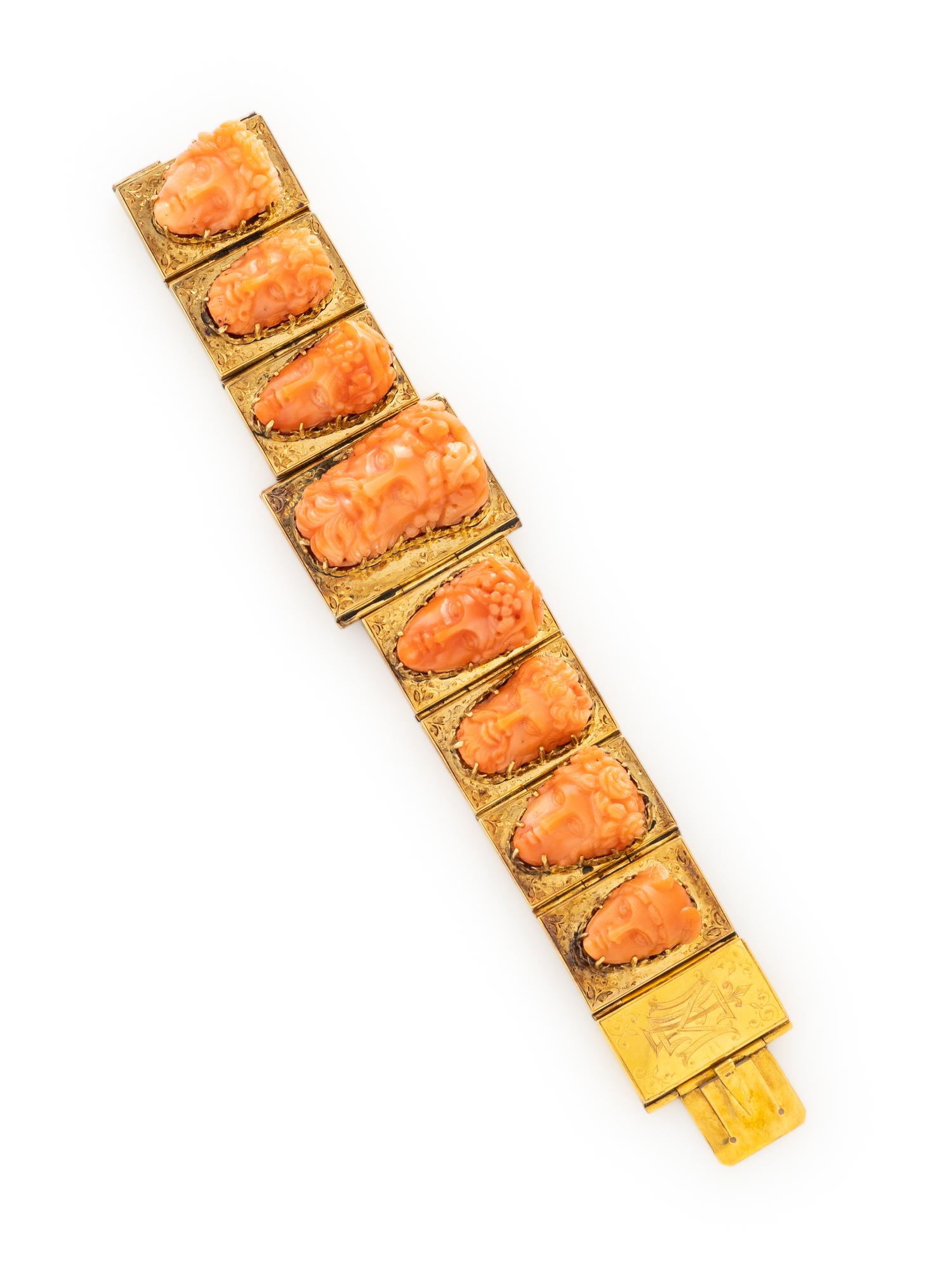 CARVED CORAL AND YELLOW GOLD BRACELET
