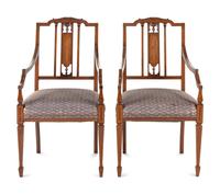A Pair of Edwardian Mahogany and Marquetry Armchairs