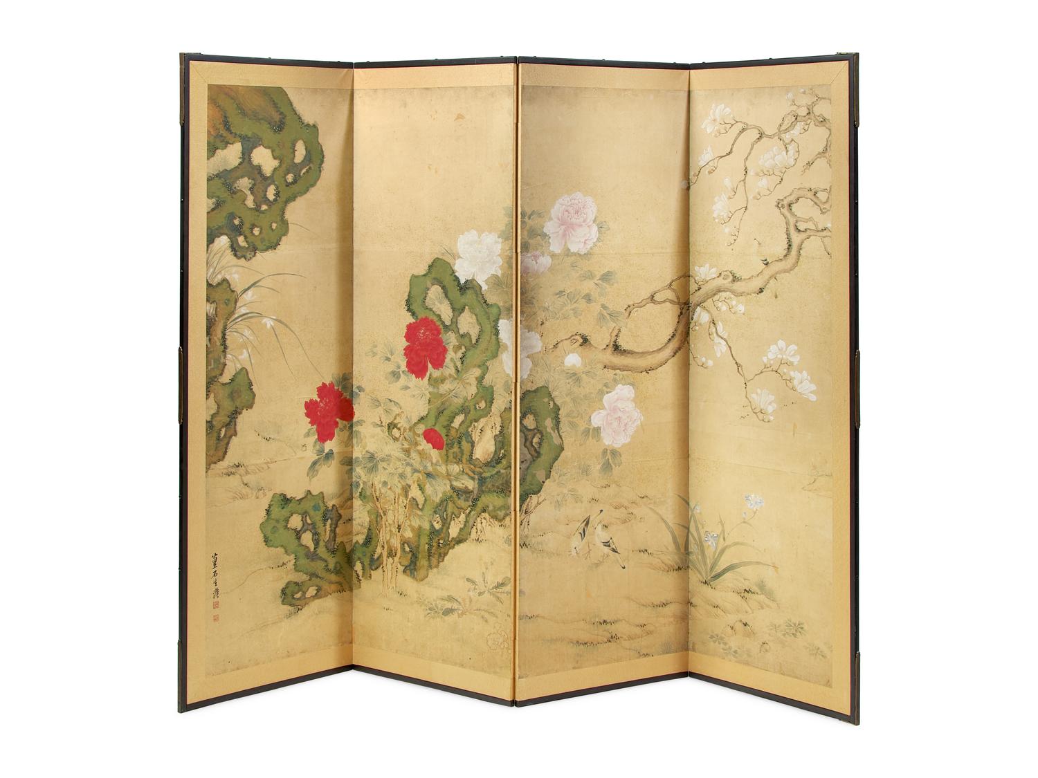 A Japanese "Flowers and Birds" Four-Panel Folding Screen