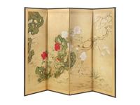 A Japanese "Flowers and Birds" Four-Panel Folding Screen