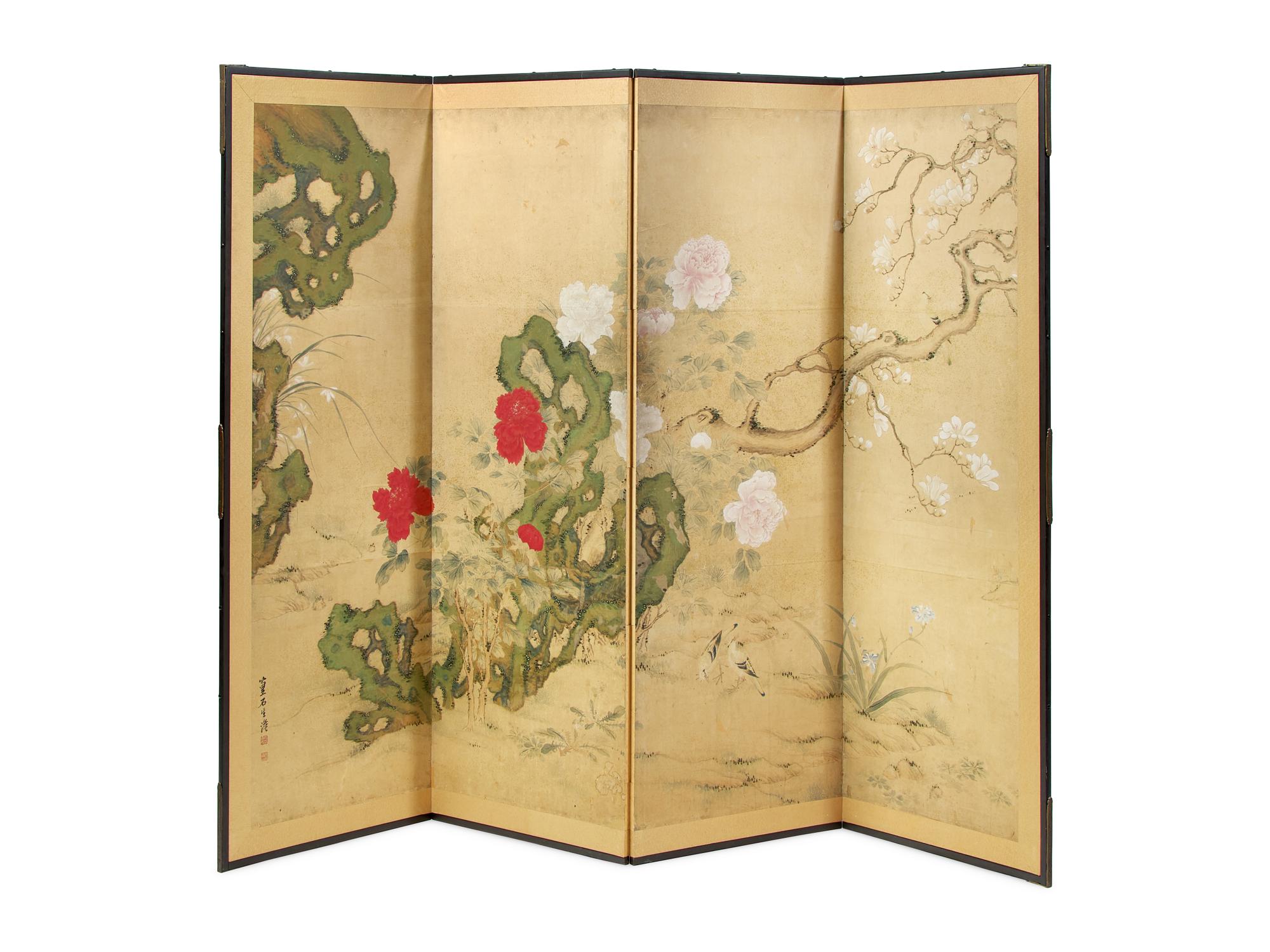 A Japanese "Flowers and Birds" Four-Panel Folding Screen