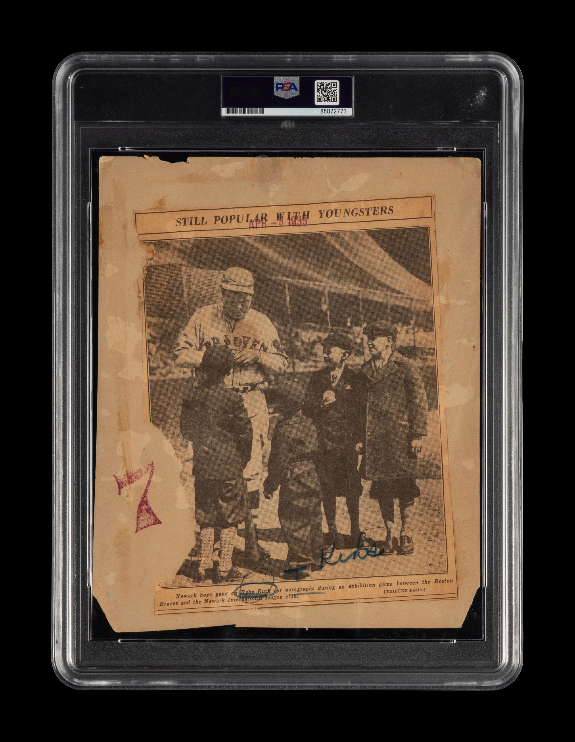 A Marvelous 1935 Babe Ruth Type One Photograph of Ruth Happily Signing Autographs for Young Fans (PSA Encapsulated)