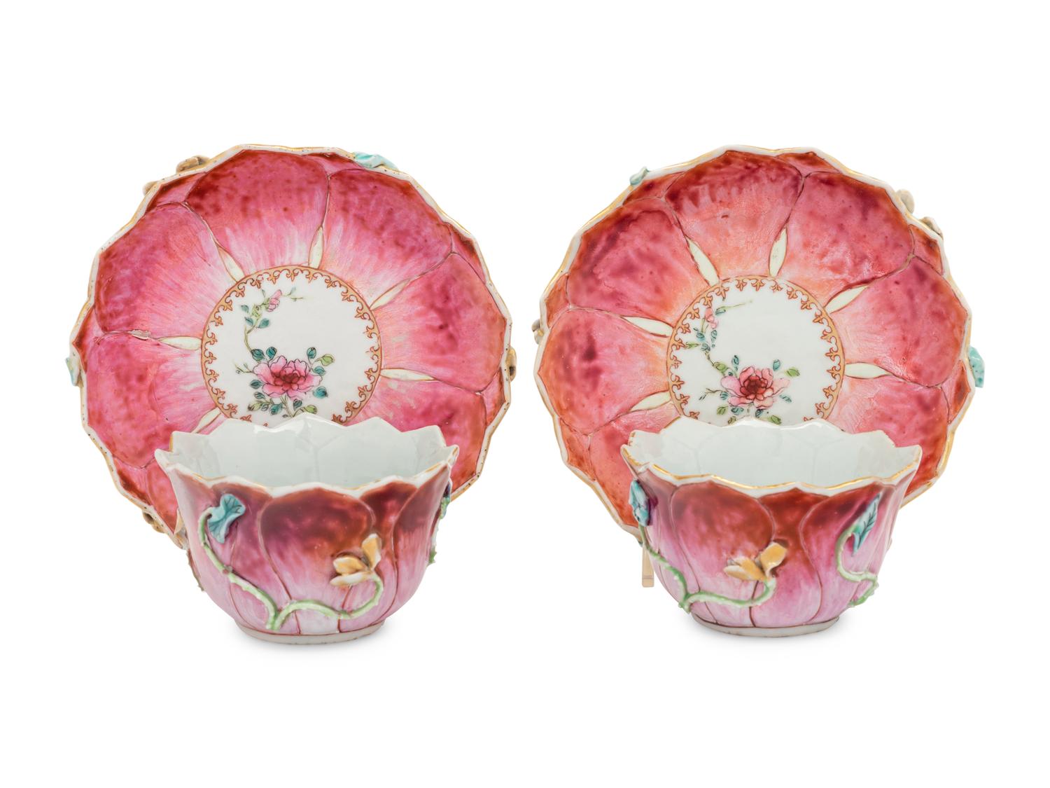 A Pair of Chinese Export Famille Rose 'Lotus' Porcelain Tea Bowls and Saucers