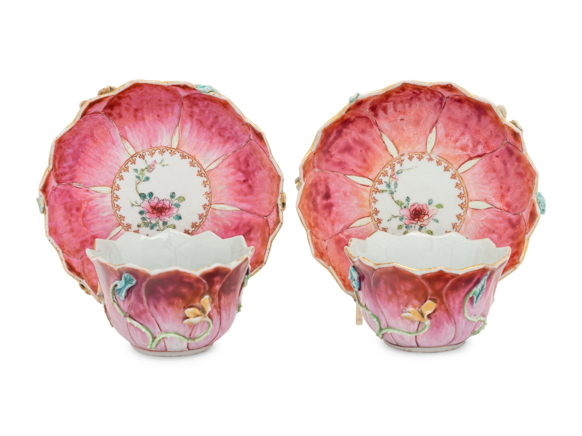 A Pair of Chinese Export Famille Rose 'Lotus' Porcelain Tea Bowls and Saucers