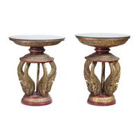 A Pair of Embellished Lacquered and Carved Wood Stands, Probably Burmese, Later 20th Century 二十世紀 或緬甸 漆金嵌百寶圓幾一對