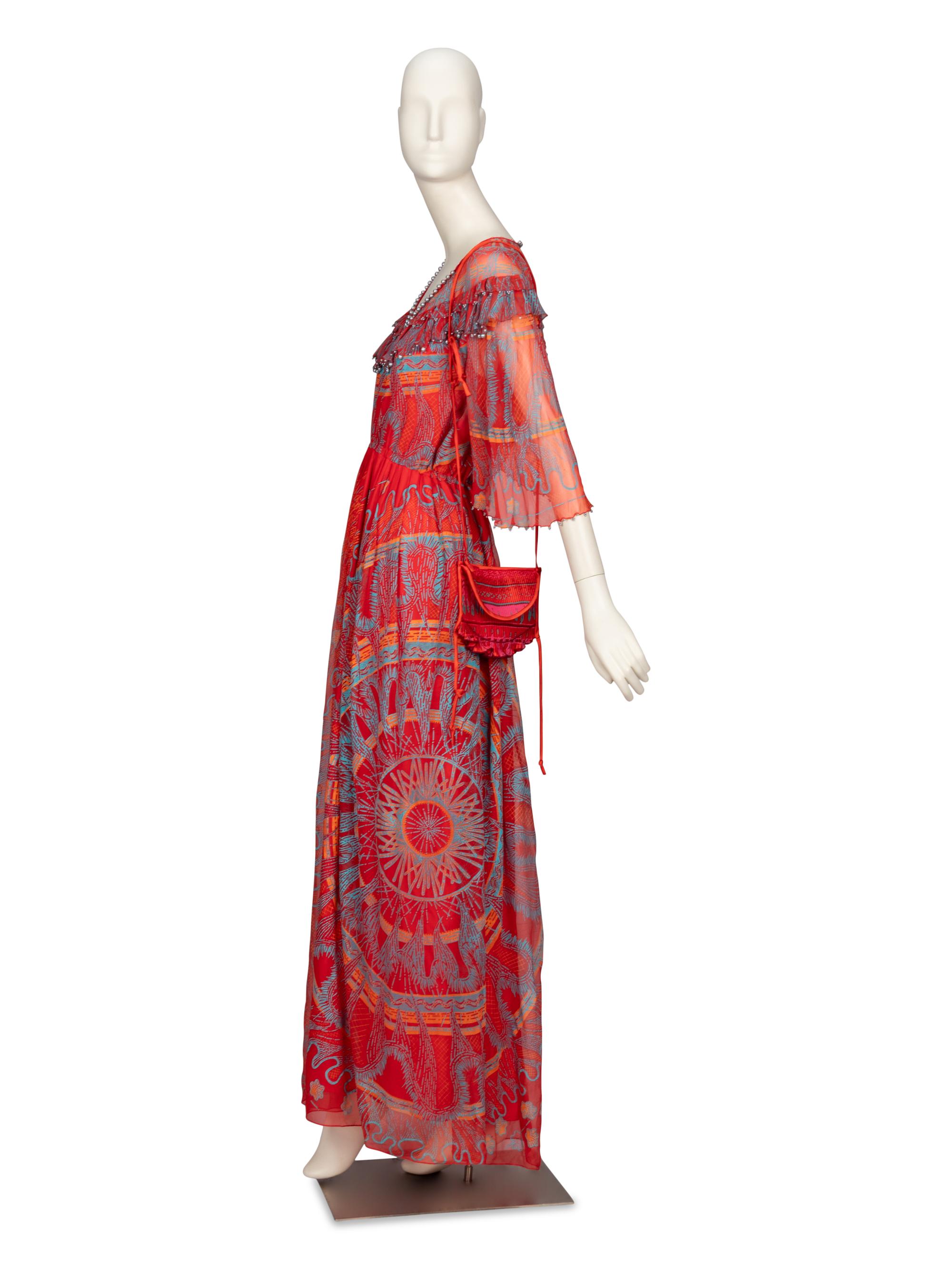 Zandra Rhodes, Painted Silk Dress & Pleated Silk Purse