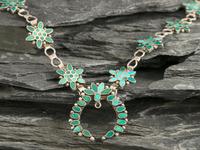 Dainty Silver Link and Channel Inlay Turquoise Squash Blossom Necklace