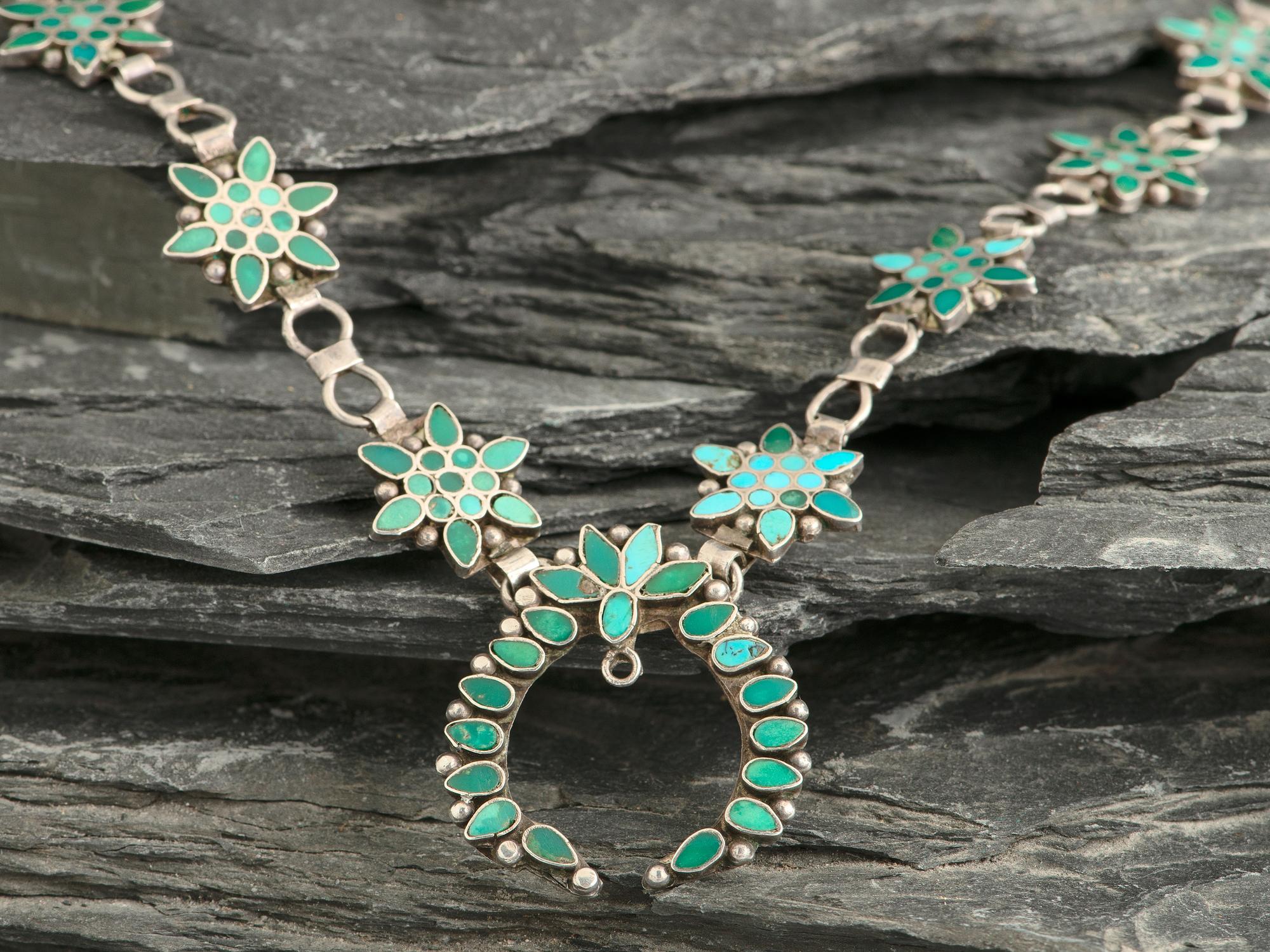 Dainty Silver Link and Channel Inlay Turquoise Squash Blossom Necklace
