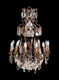 A Louis XV Style Patinated Bronze, Cut and Colored Glass Fourteen-Light Chandelier