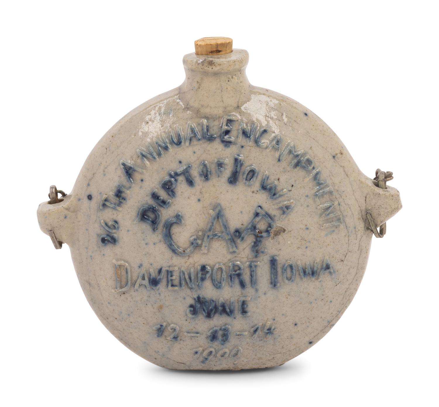 A Cobalt Decorated Stoneware Grand Army of the Republic G.A.R. Flask