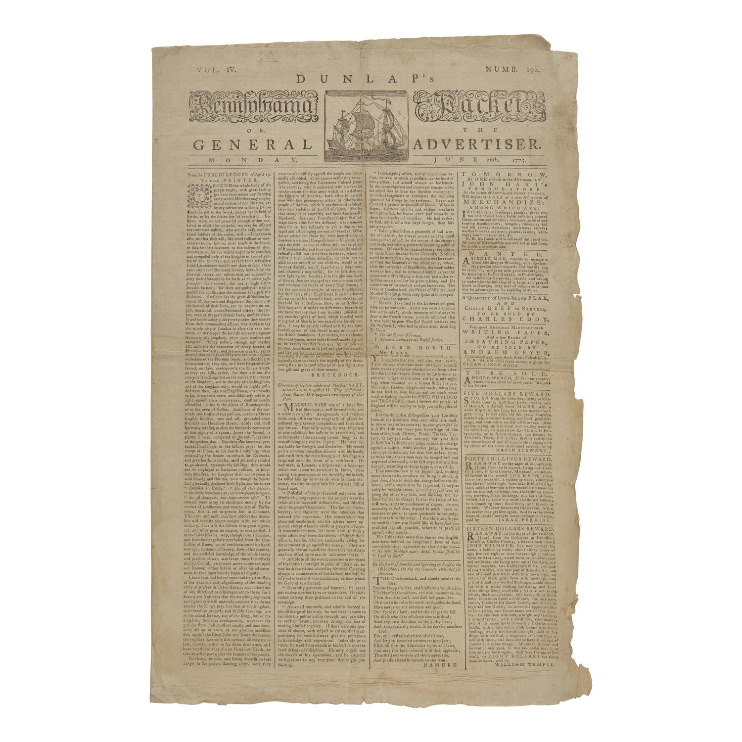 [American Revolution] A Fascinating Revolutionary War Newspaper, Published Only Eight Days Following the Battle of Bunker Hill