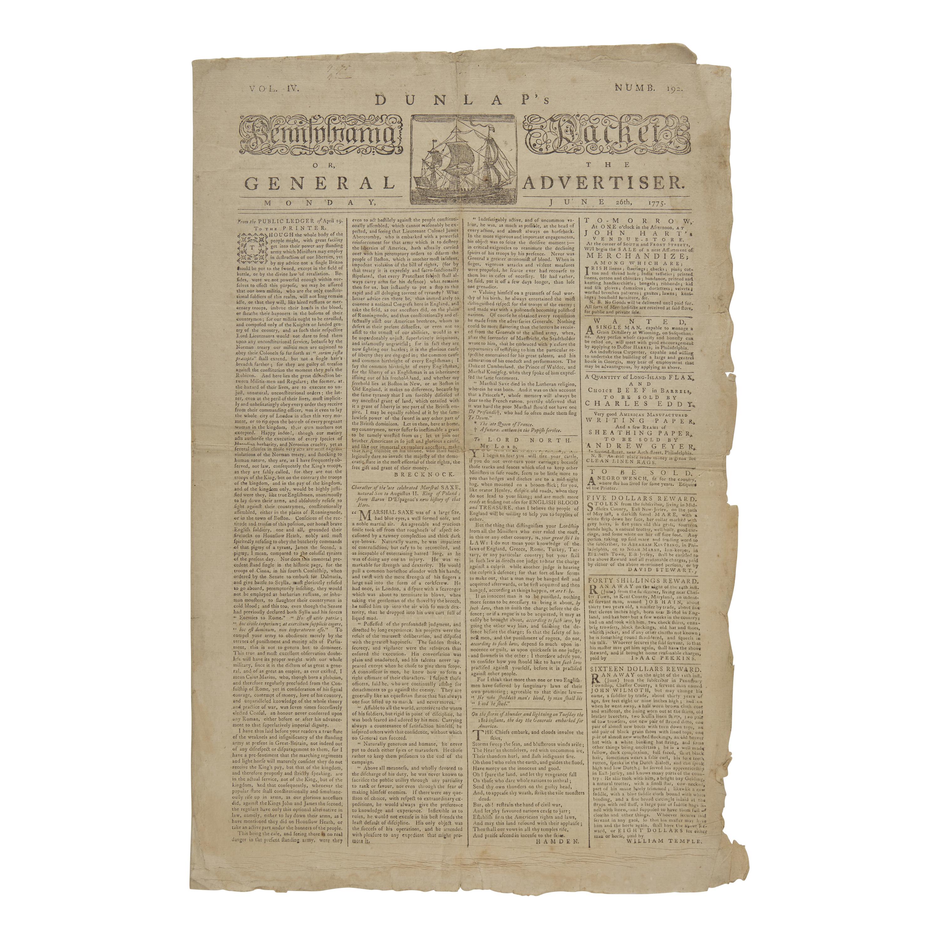 [American Revolution] A Fascinating Revolutionary War Newspaper, Published Only Eight Days Following the Battle of Bunker Hill