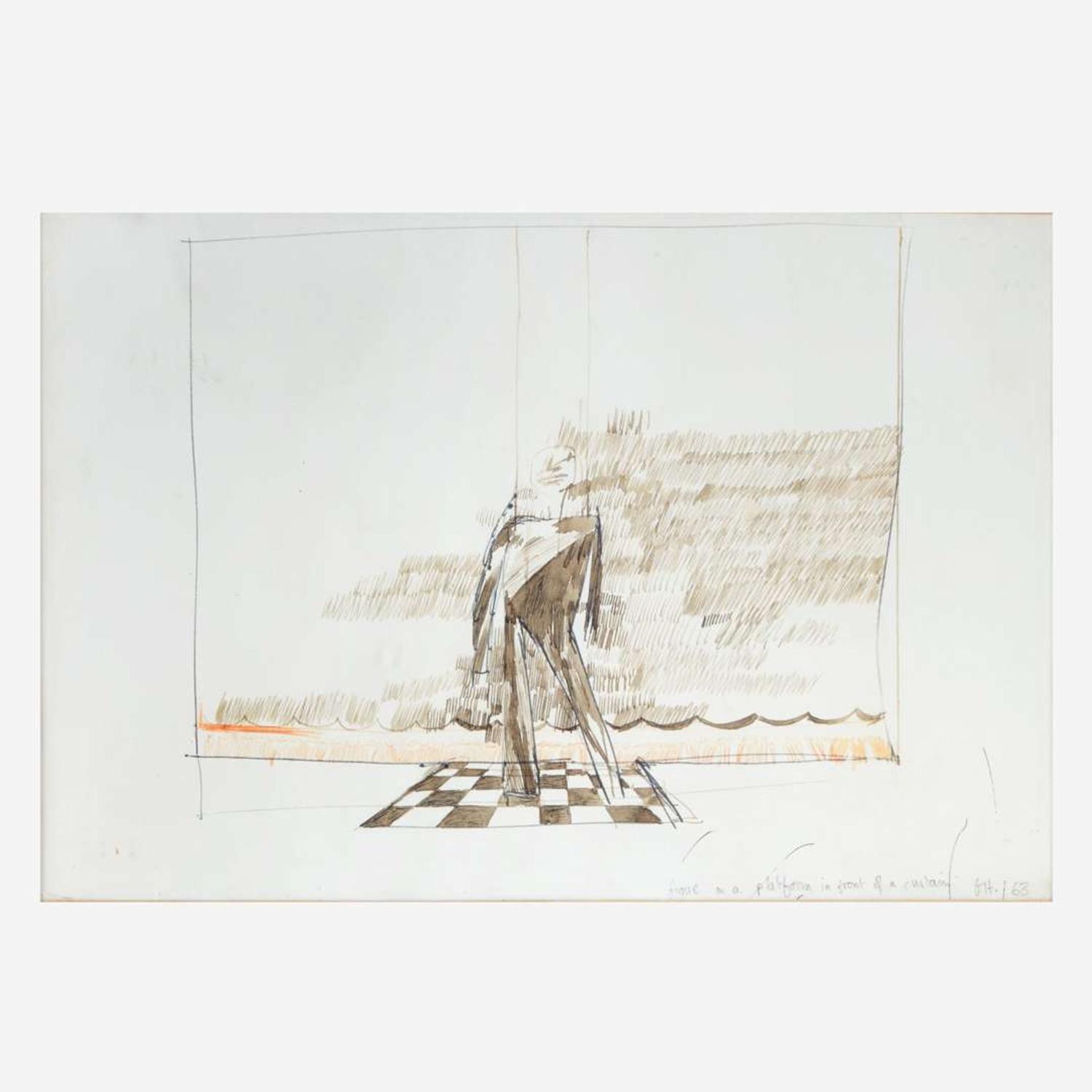 David Hockney (British, b. 1937) Figure on a Platform in Front of a Curtain