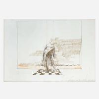 David Hockney (British, b. 1937) Figure on a Platform in Front of a Curtain