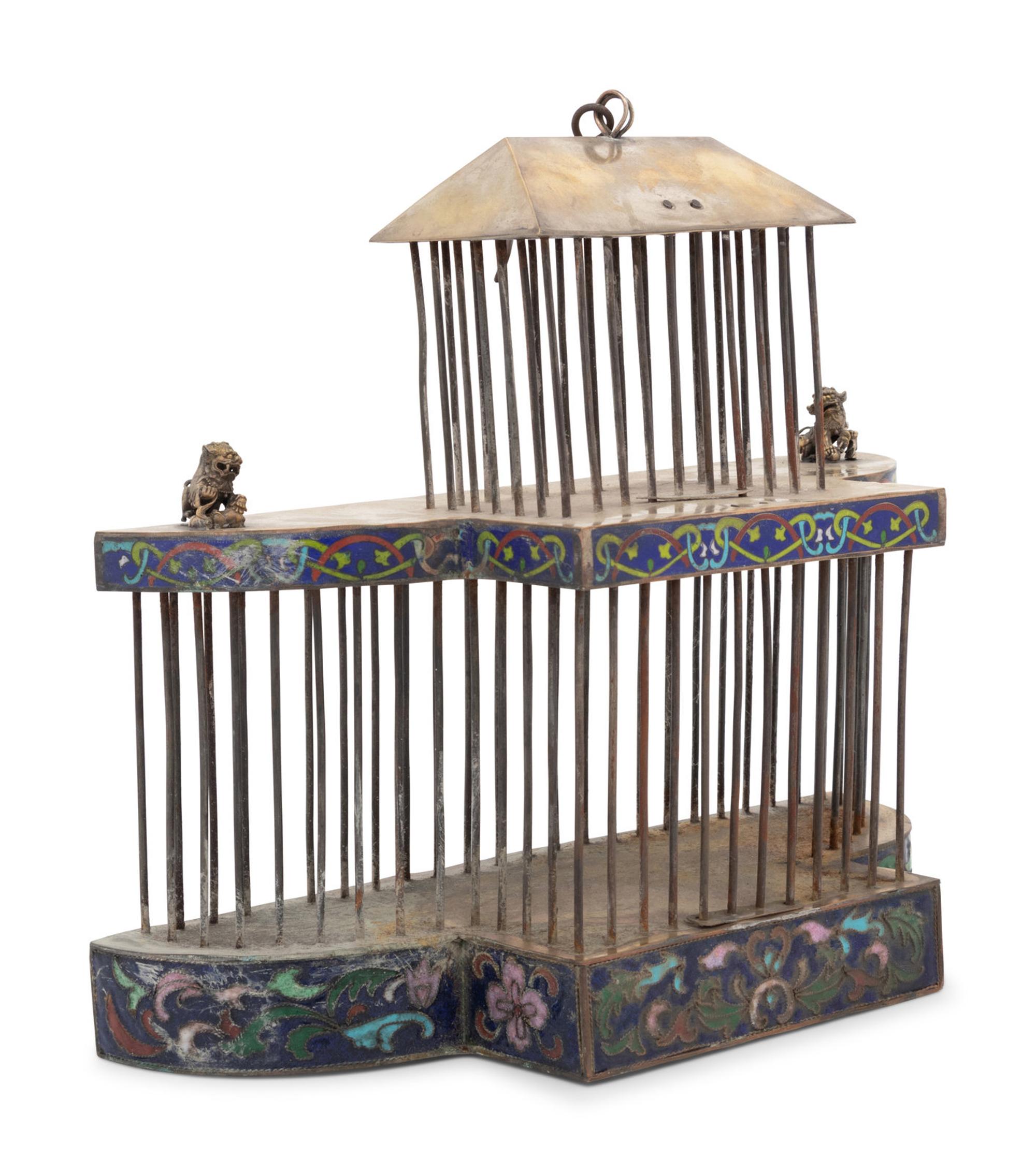 A Chinese Brass and Cloisonne Enamel Ornamental Bird Cage