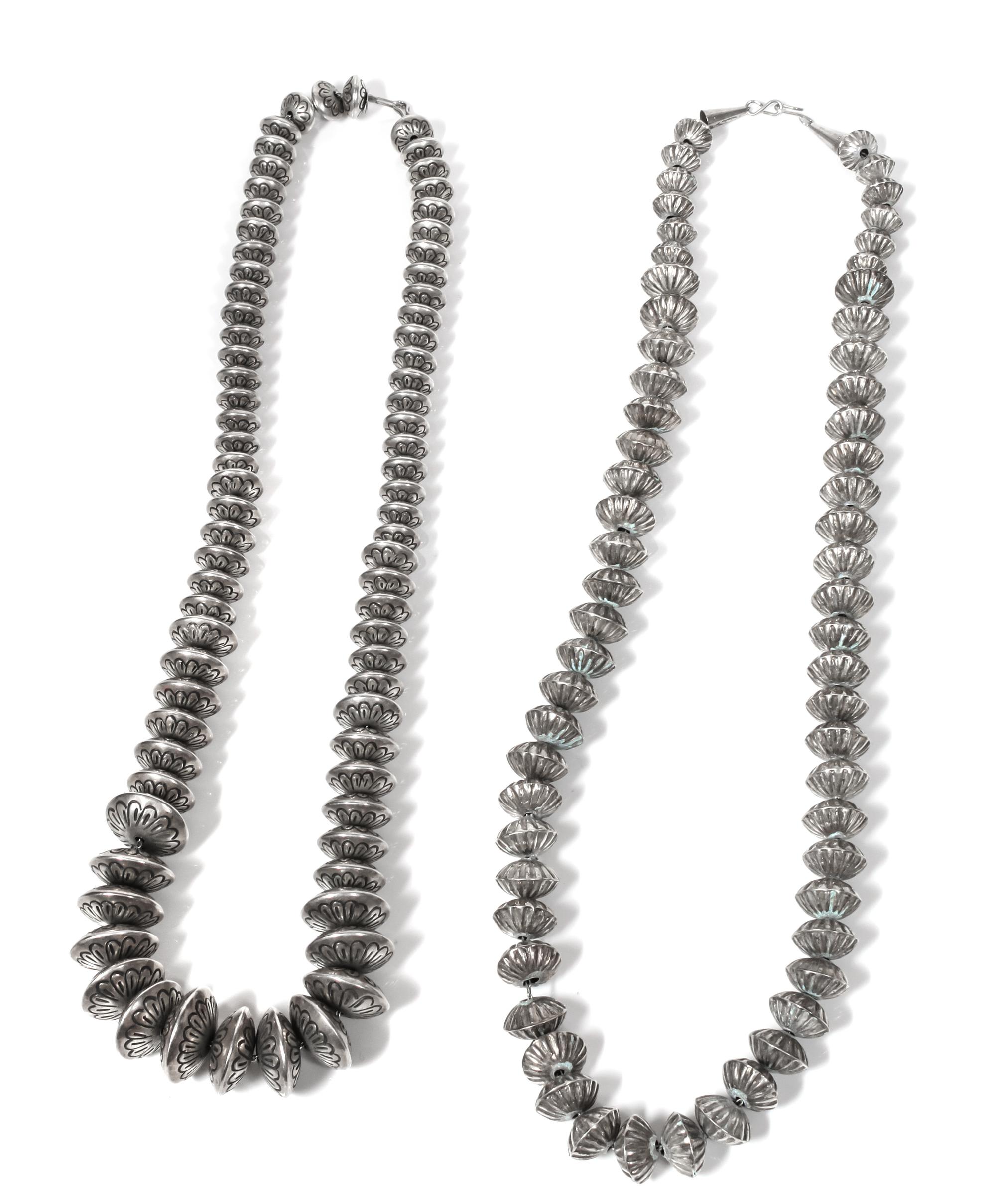 Two Southwestern Silver Bead Necklaces Length of longest 26 inches
