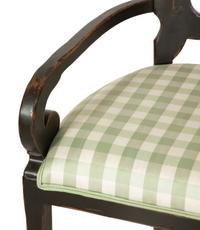 A Set of Six Continental Black Lacquer Scroll Back Armchairs