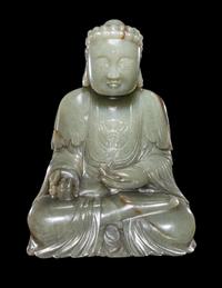 A Chinese Celadon Jade Figure of Medicine Buddha