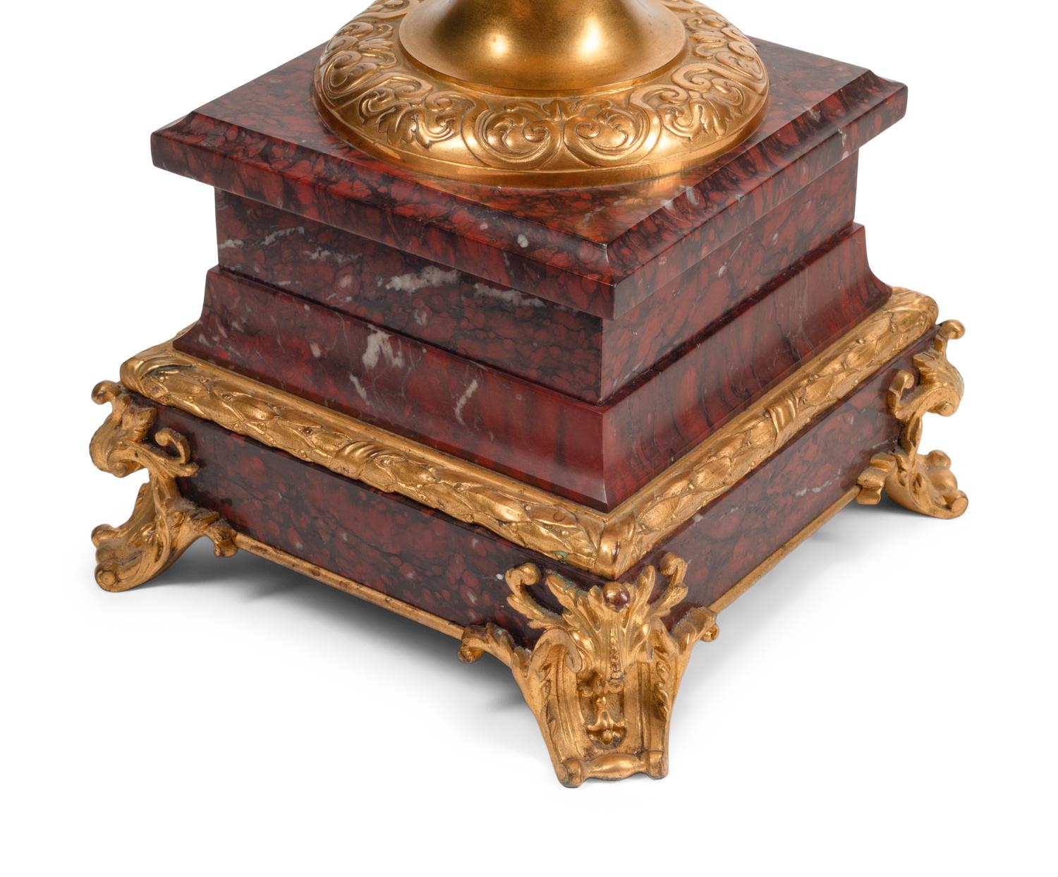 A Pair of Napoleon III Gilt Bronze and Rouge Griotte Marble Ten-Light Candelabra