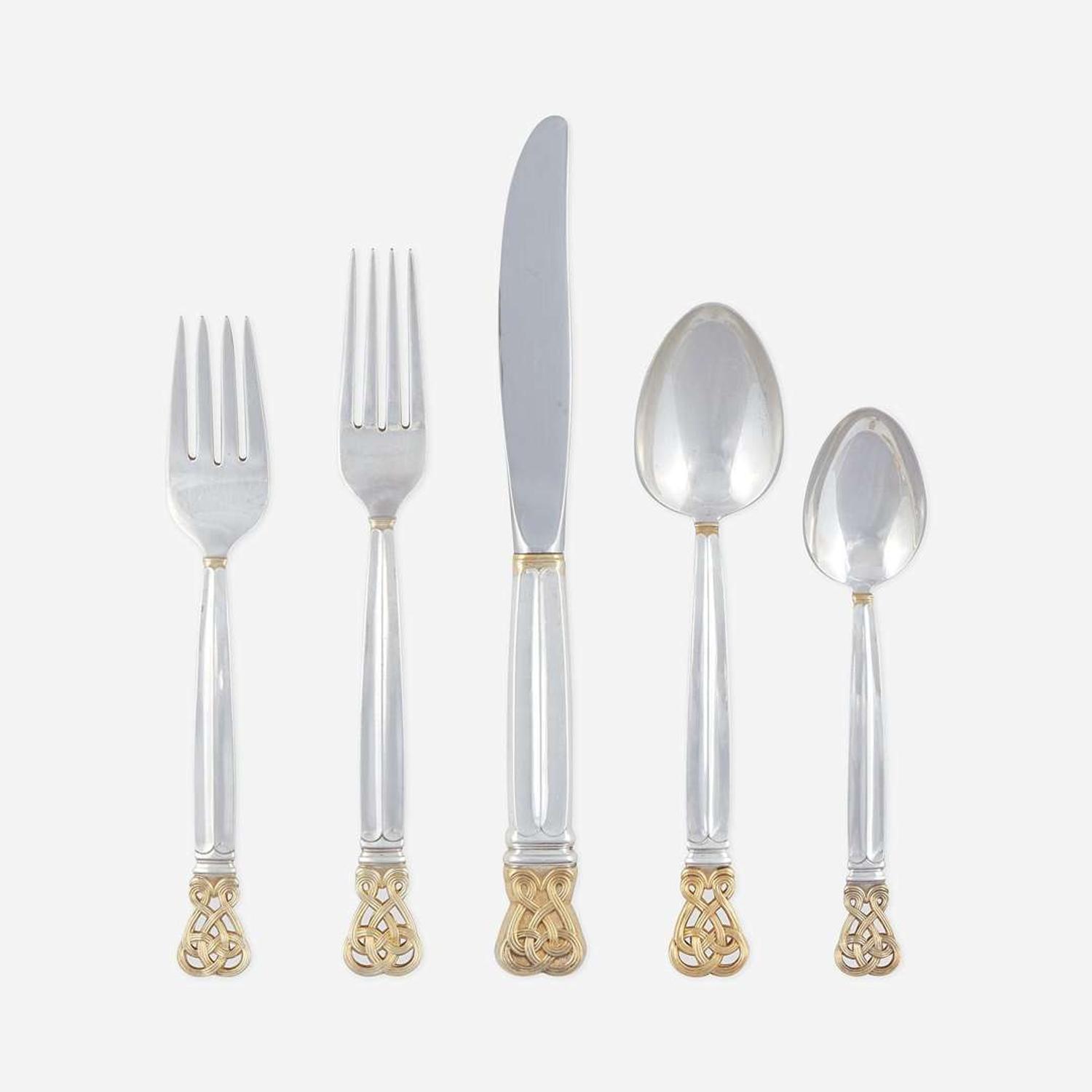 An American Parcel Gilt Sterling Silver Six-Piece Flatware Service for Eighteen Towle Silversmiths, Newburyport, MA, dated 1978