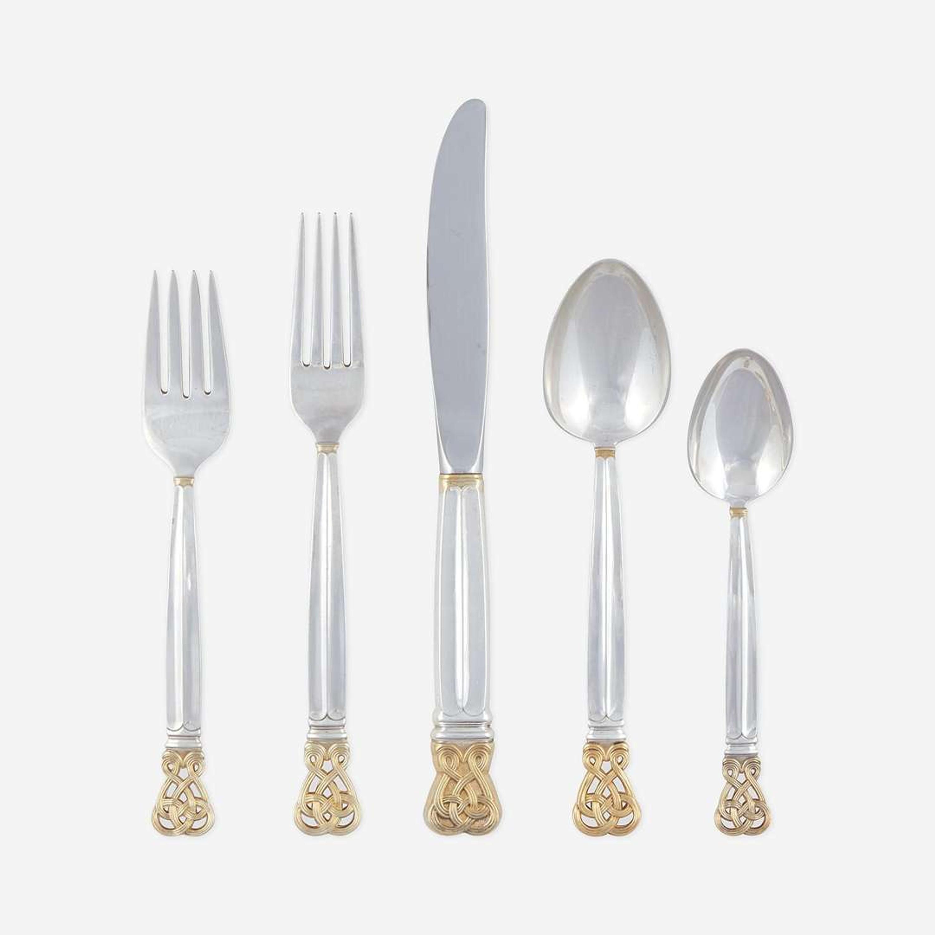 An American Parcel Gilt Sterling Silver Six-Piece Flatware Service for Eighteen Towle Silversmiths, Newburyport, MA, dated 1978