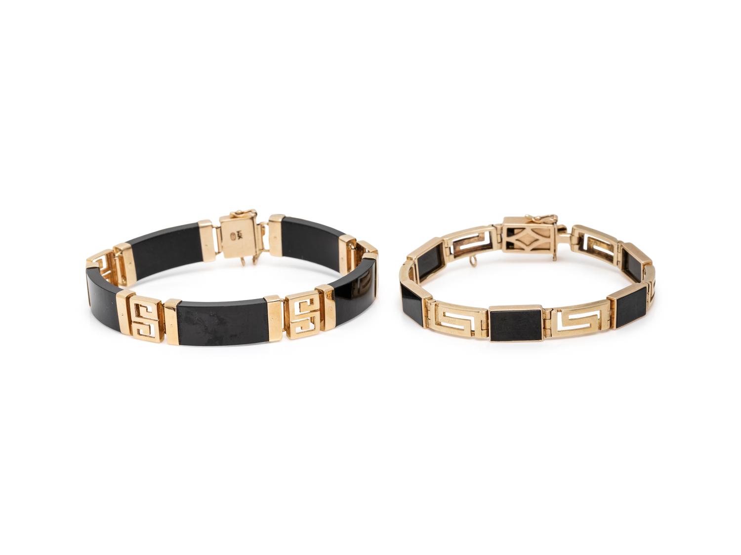 COLLECTION OF YELLOW GOLD AND BLACK JADE JEWELRY