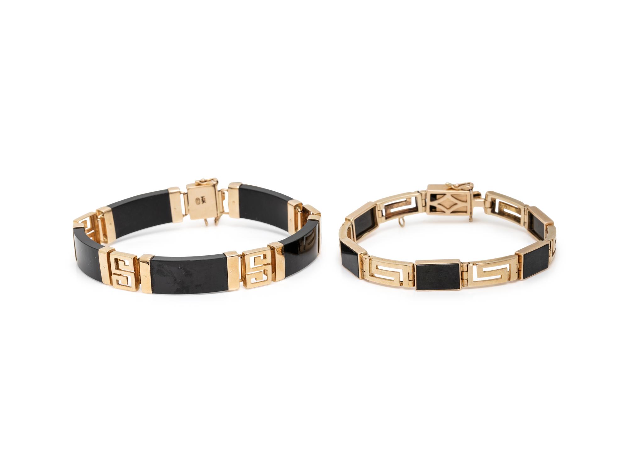 COLLECTION OF YELLOW GOLD AND BLACK JADE JEWELRY