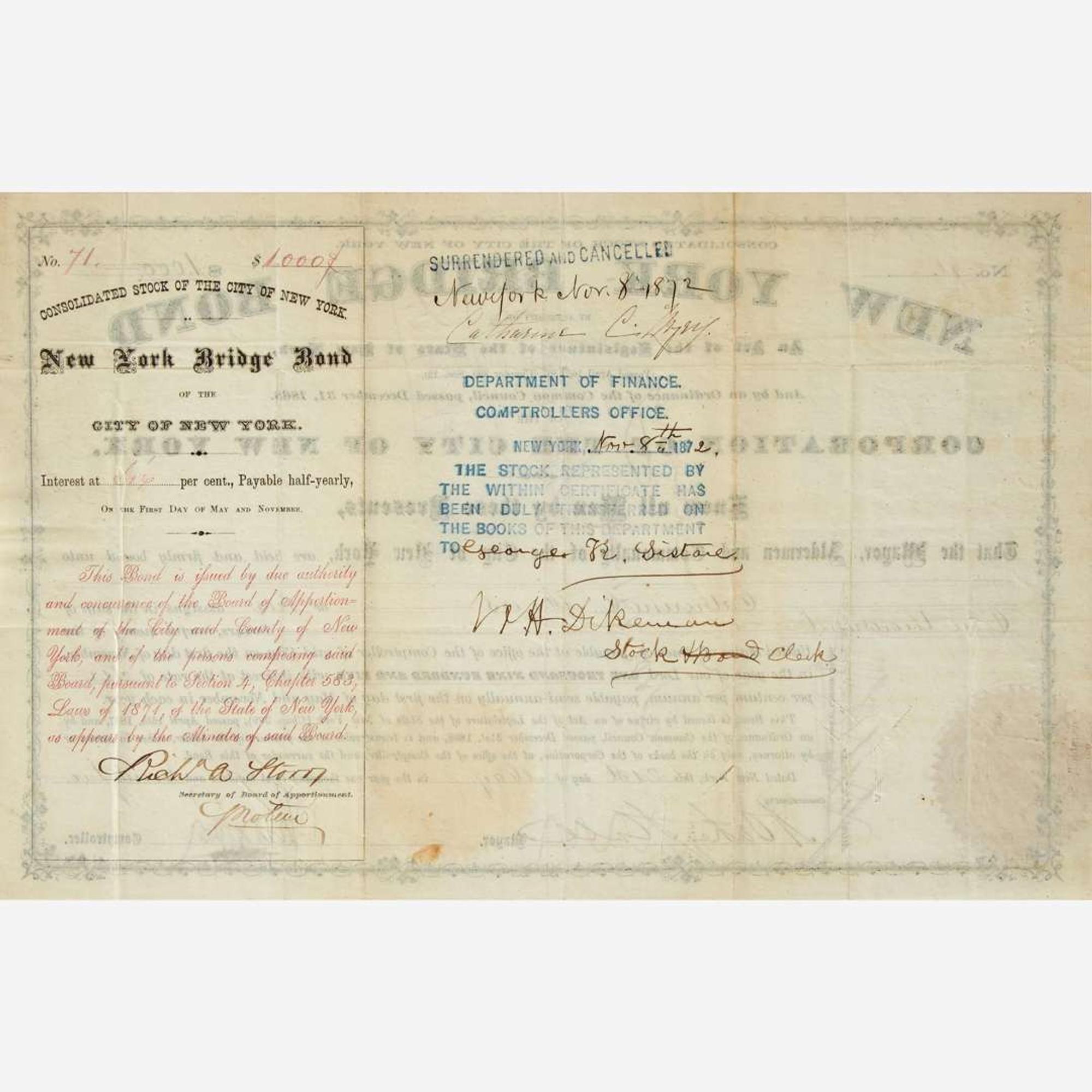 [New York] [Brooklyn Bridge, The] New York Bridge Bond…Corporation of the City of New York...