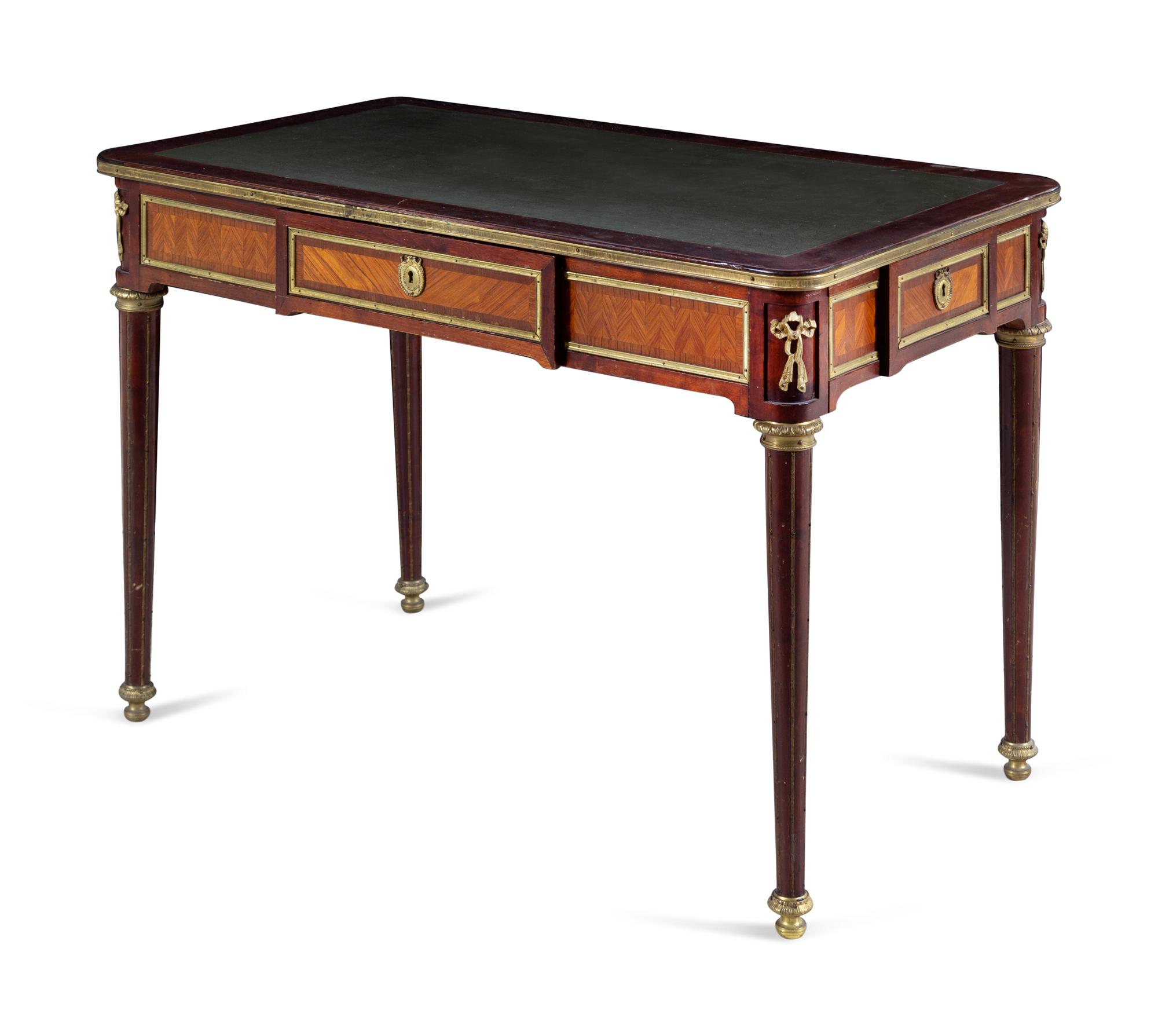 A Louis XVI Style Gilt Bronze Mounted Parquetry Bureau Plat