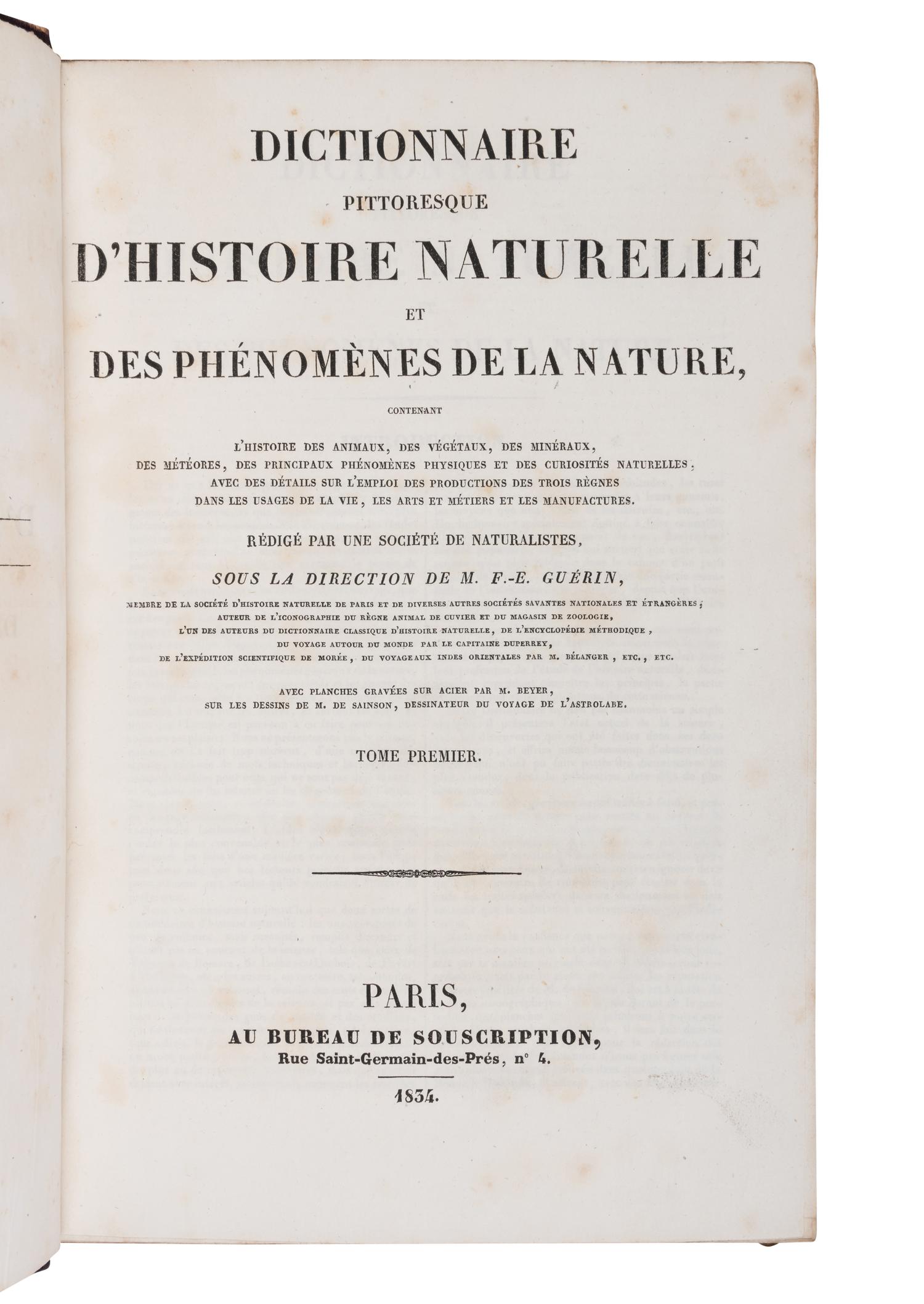 [NATURAL HISTORY]. GUERIN, Félix Édouard (1799-1874). Dictionnaire pittoresque d'histoire naturelle et des phénomènes de la nature . Paris: Au Bureau de Souscription, 1834-1839.