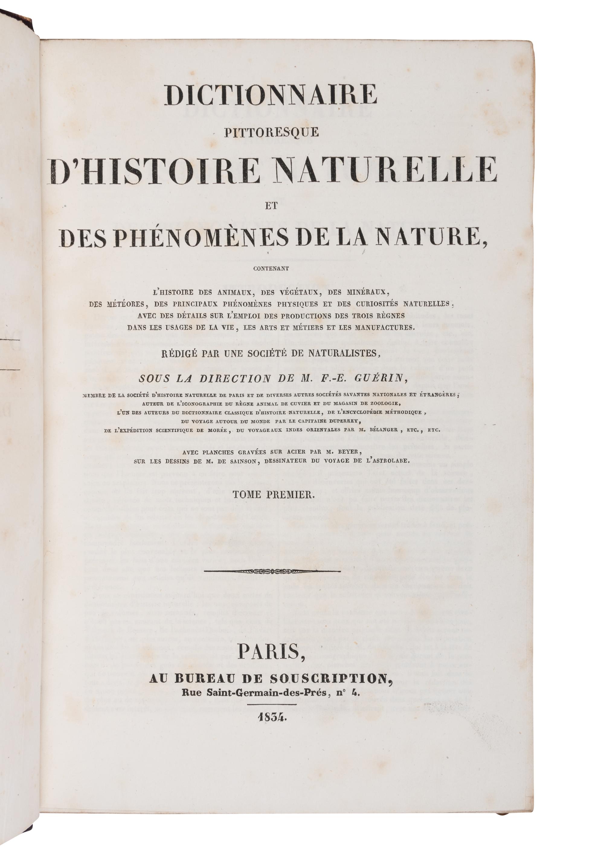 [NATURAL HISTORY]. GUERIN, Félix Édouard (1799-1874). Dictionnaire pittoresque d'histoire naturelle et des phénomènes de la nature . Paris: Au Bureau de Souscription, 1834-1839.