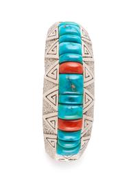 Cast Silver Cuff Bracelet, with Turquoise and Coral Cobblestone Inlay