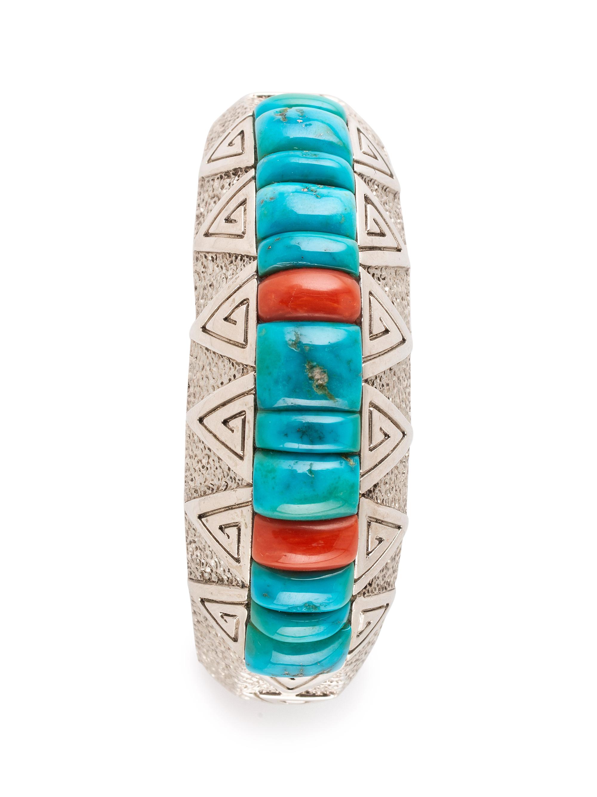 Cast Silver Cuff Bracelet, with Turquoise and Coral Cobblestone Inlay