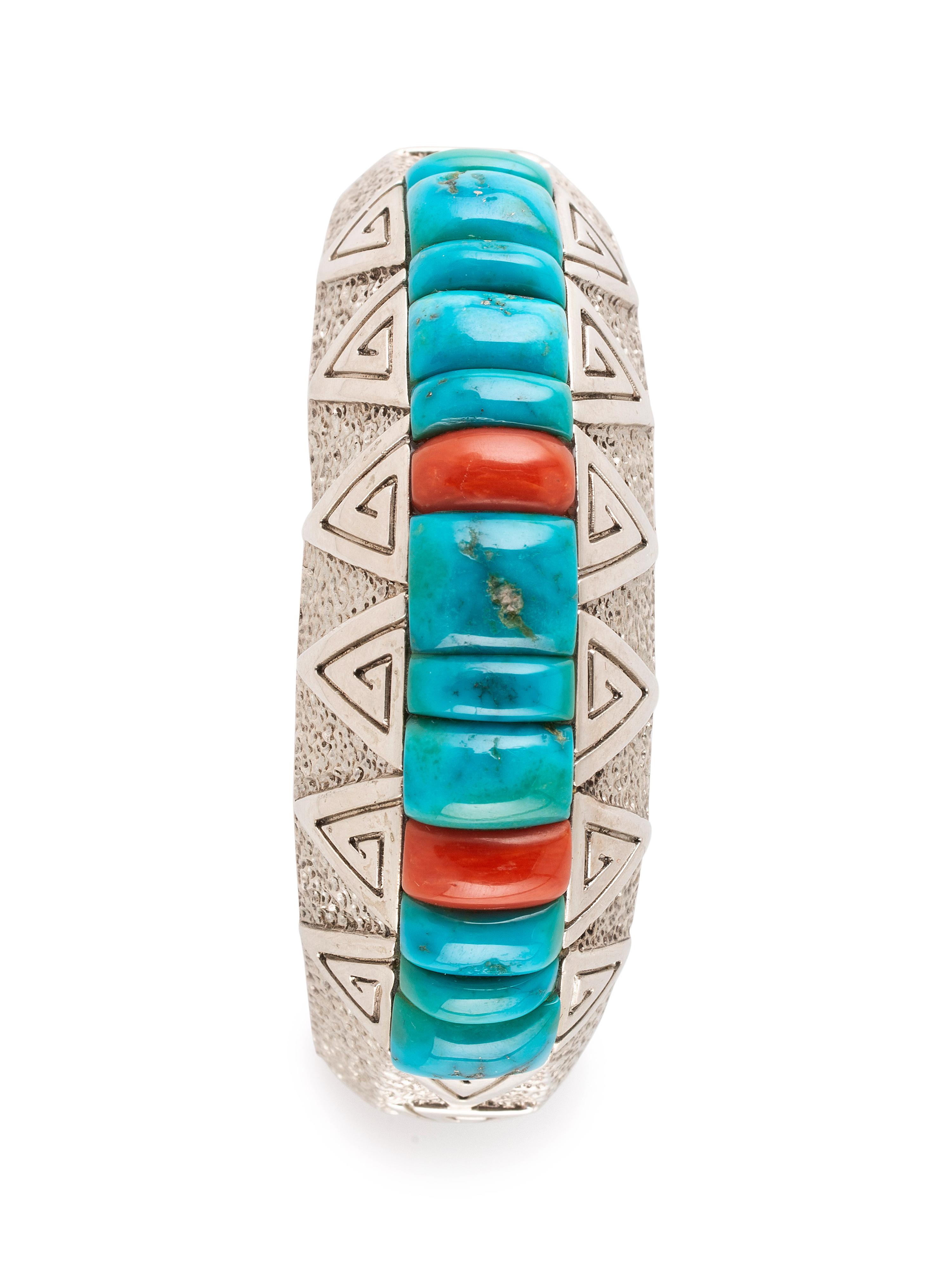 Cast Silver Cuff Bracelet, with Turquoise and Coral Cobblestone Inlay